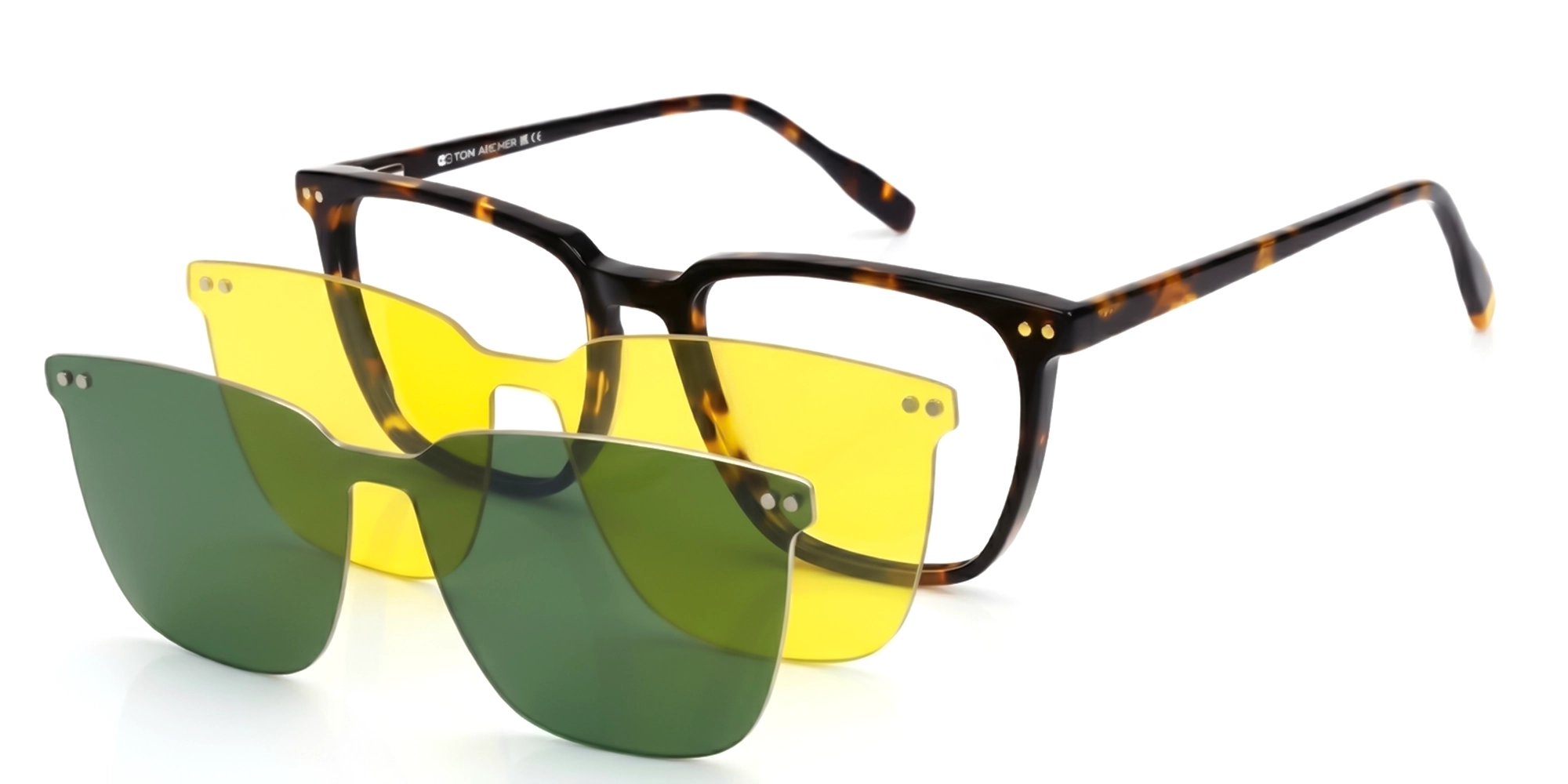 Square Tortoise Green & Yellow Clip-On Glasses