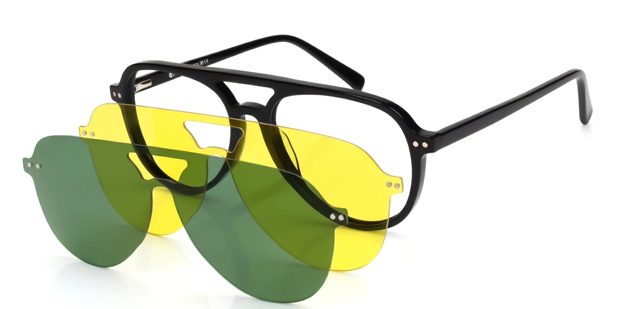 Black Pilot Double Bridge Clip-On Glasses