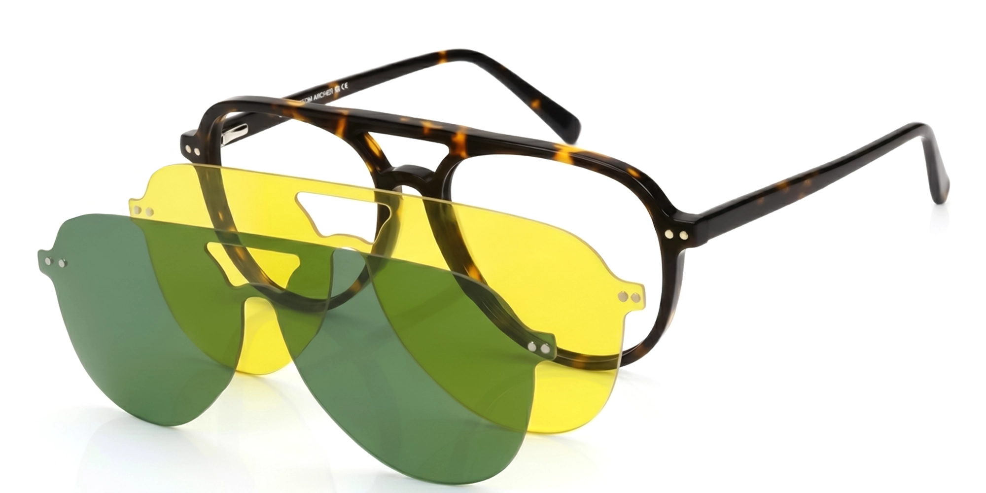 Tortoise Pilot Frame with Green & Yellow Clip-On