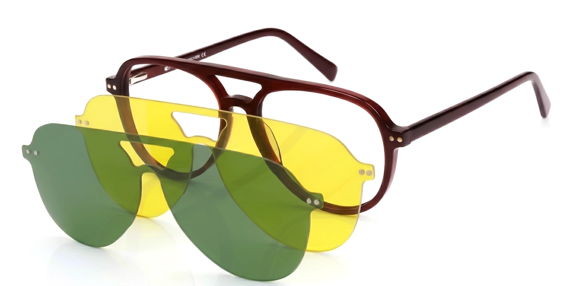 Dark Chestnut Magnetic Clip-On prescription Glasses – Green & Yellow