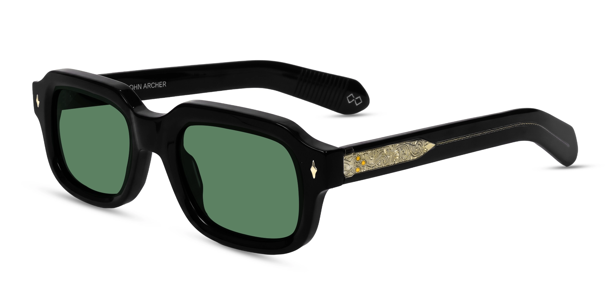 Black Rectangular Acetate Sunglasses With Green Lenses-3