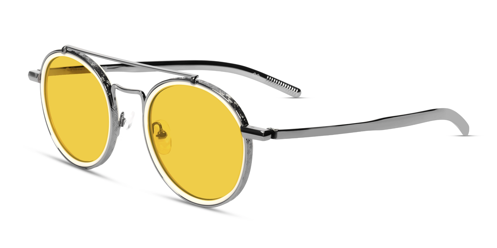 Vintage Silver Round Pilot Frame With Yellow Tint Sunglasses-3