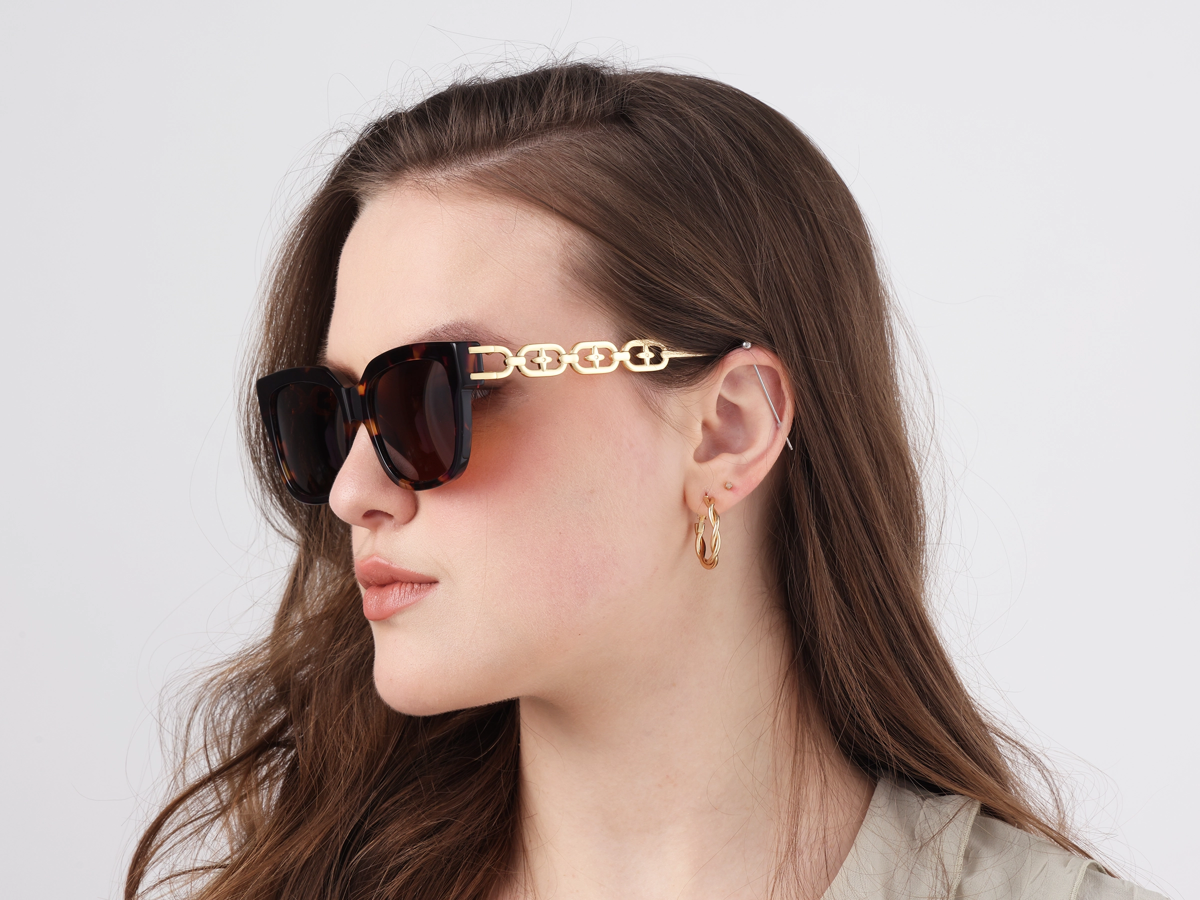 Gold Square Frame With Solid Brown Tinted Sunglasses-52