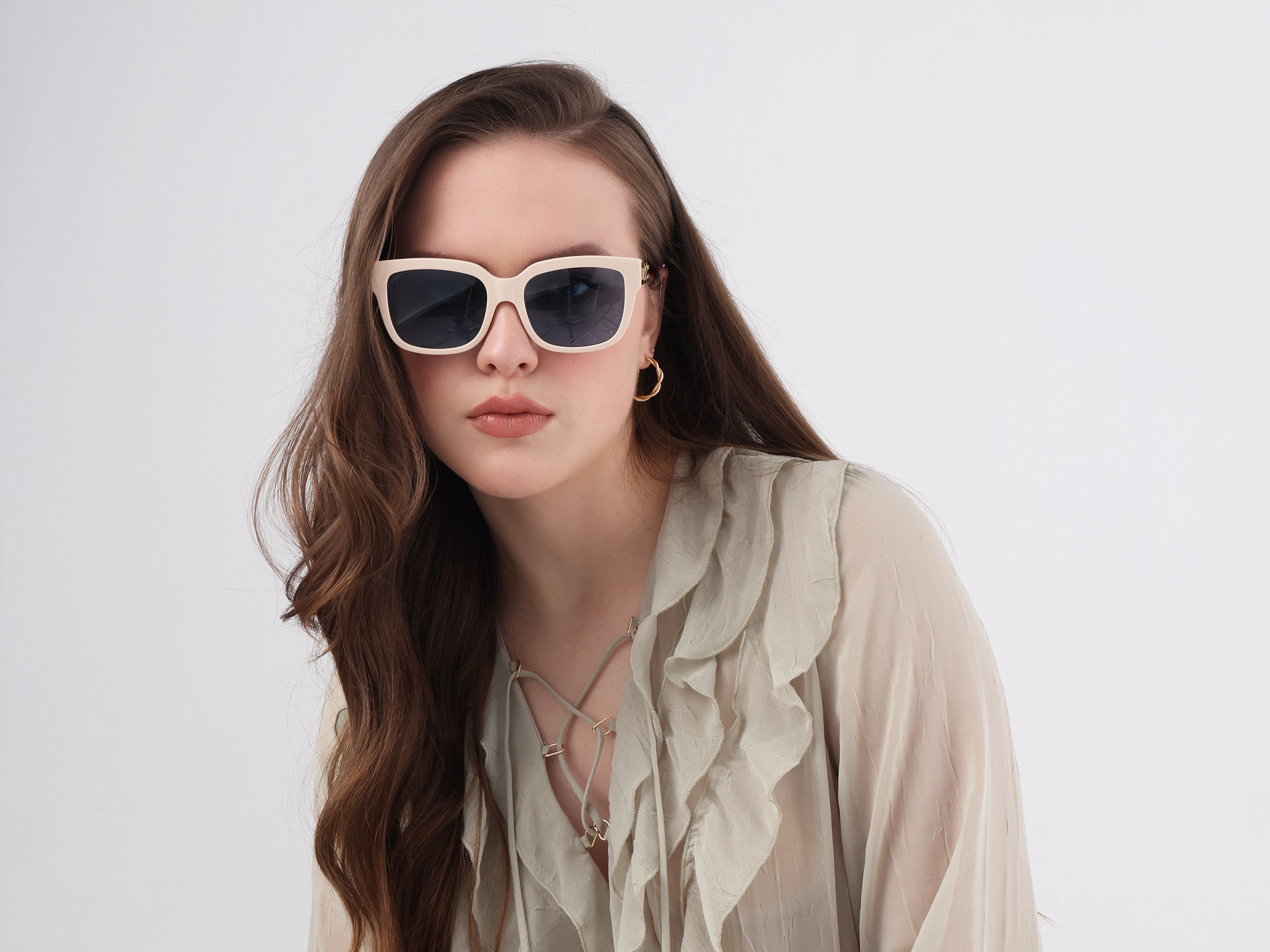 Beige & Gold Square Frame With Blue Tint Sunglasses-51