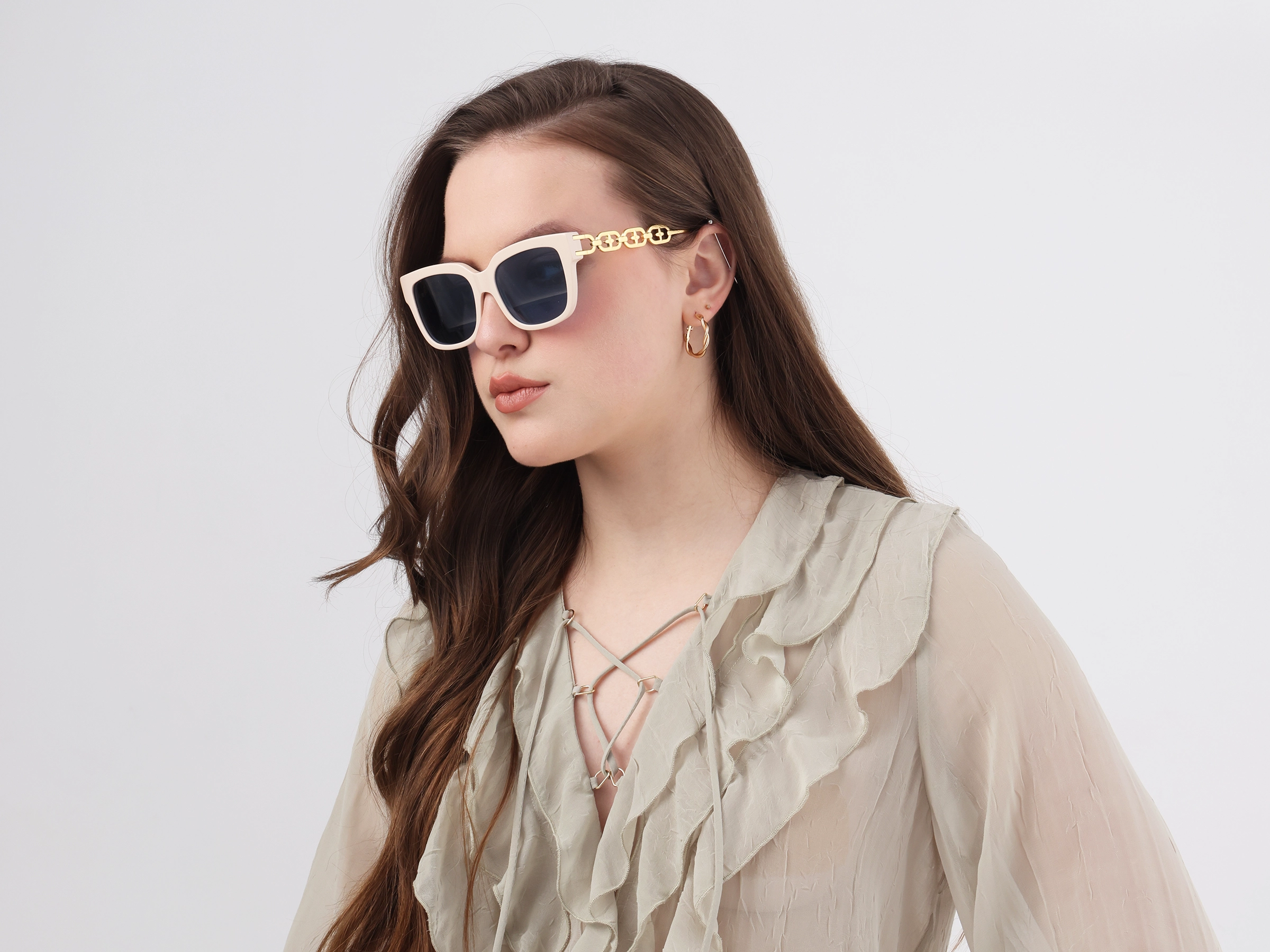 Beige & Gold Square Frame With Blue Tint Sunglasses-52