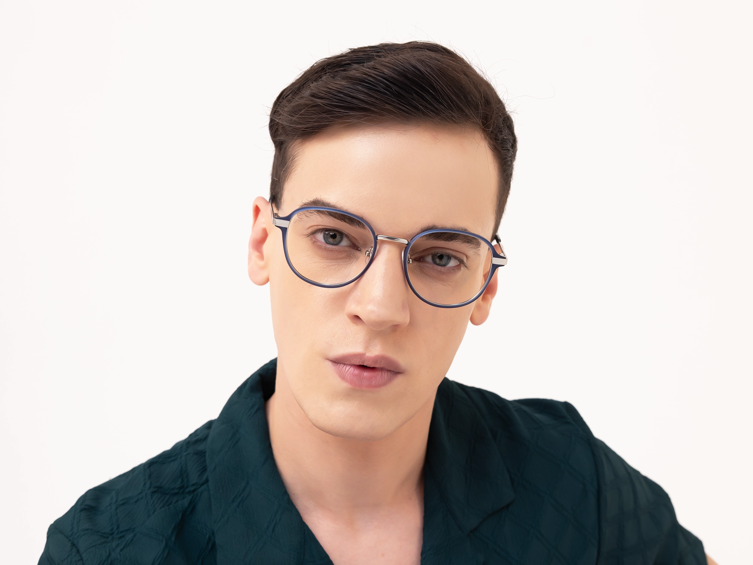 Matte Blue & Gunmetal Round Glasses