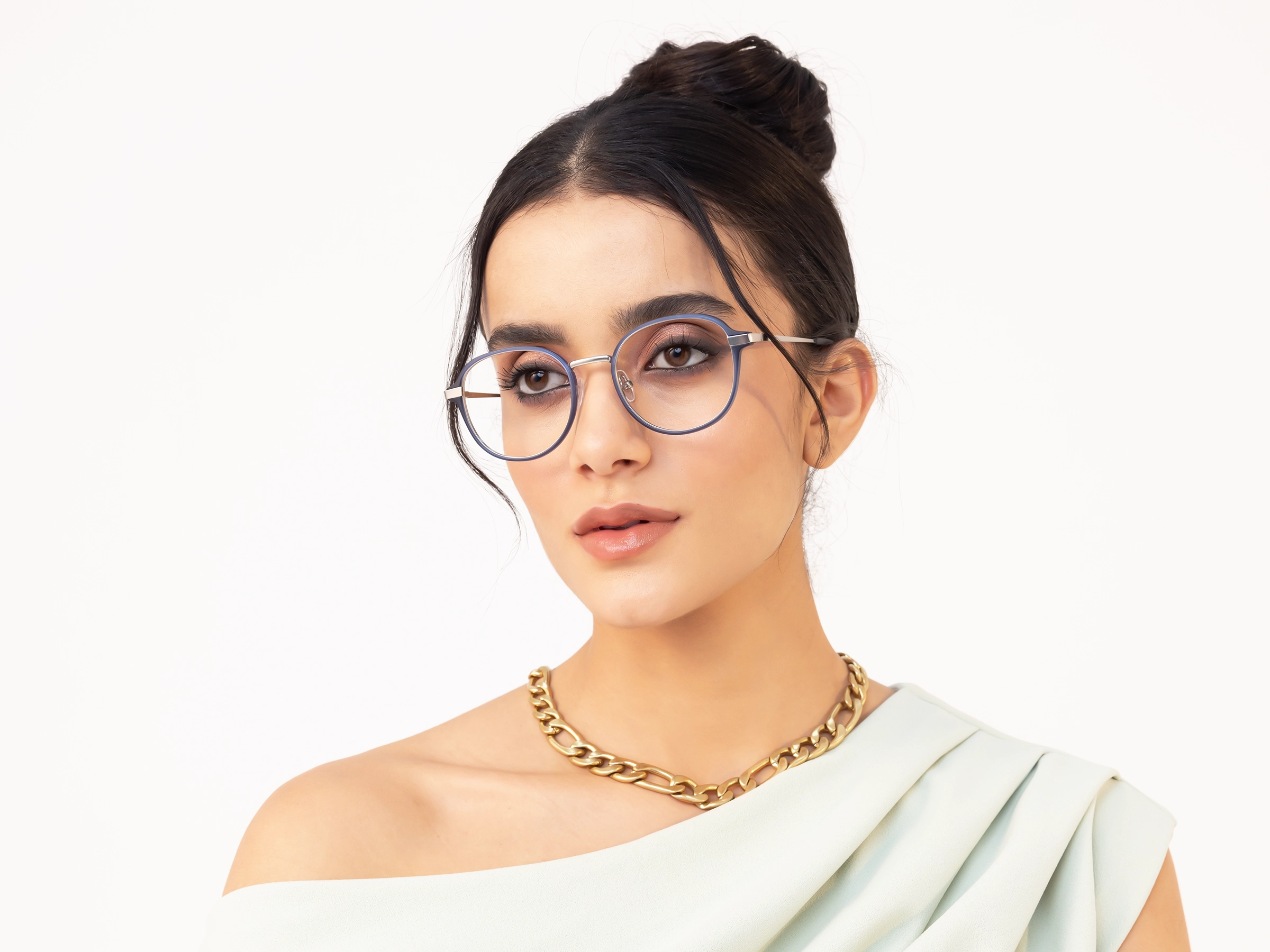 Matte Blue & Gunmetal Round Glasses