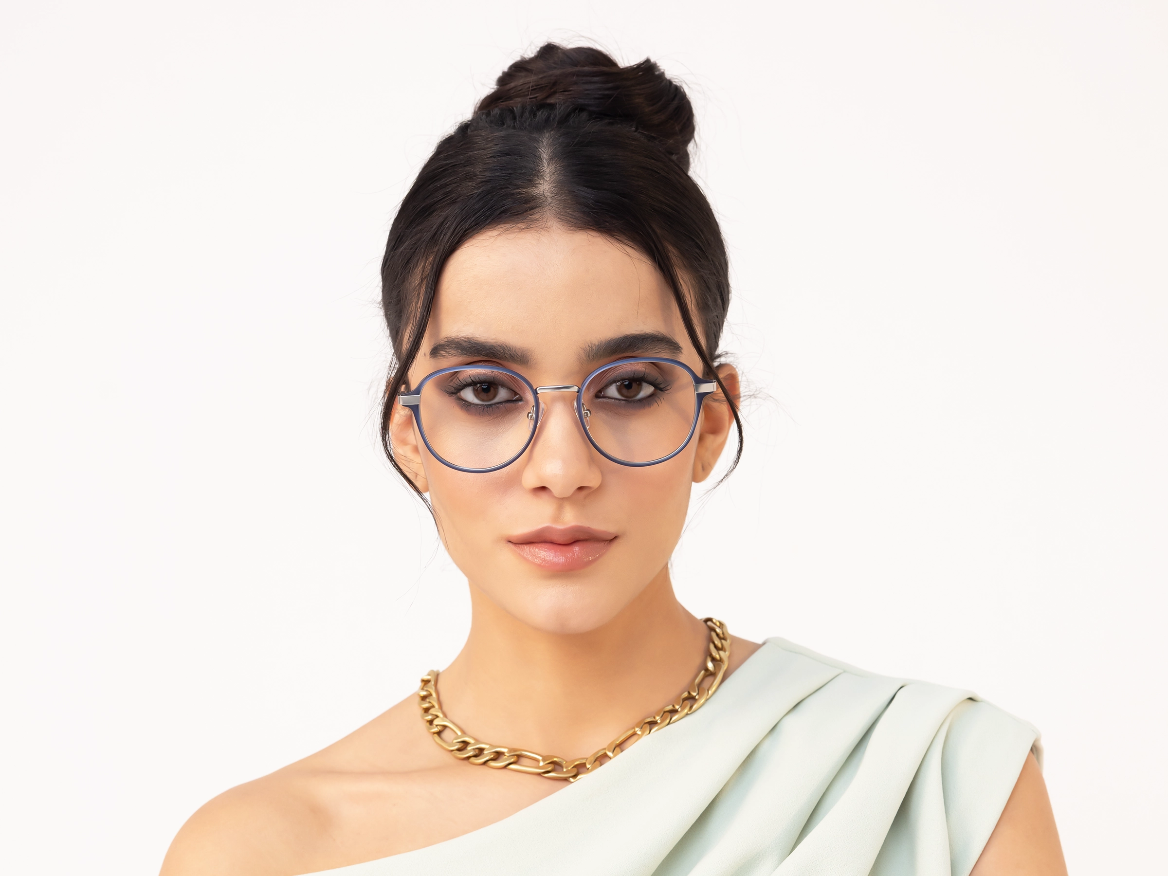 Matte Blue & Gunmetal Round Glasses