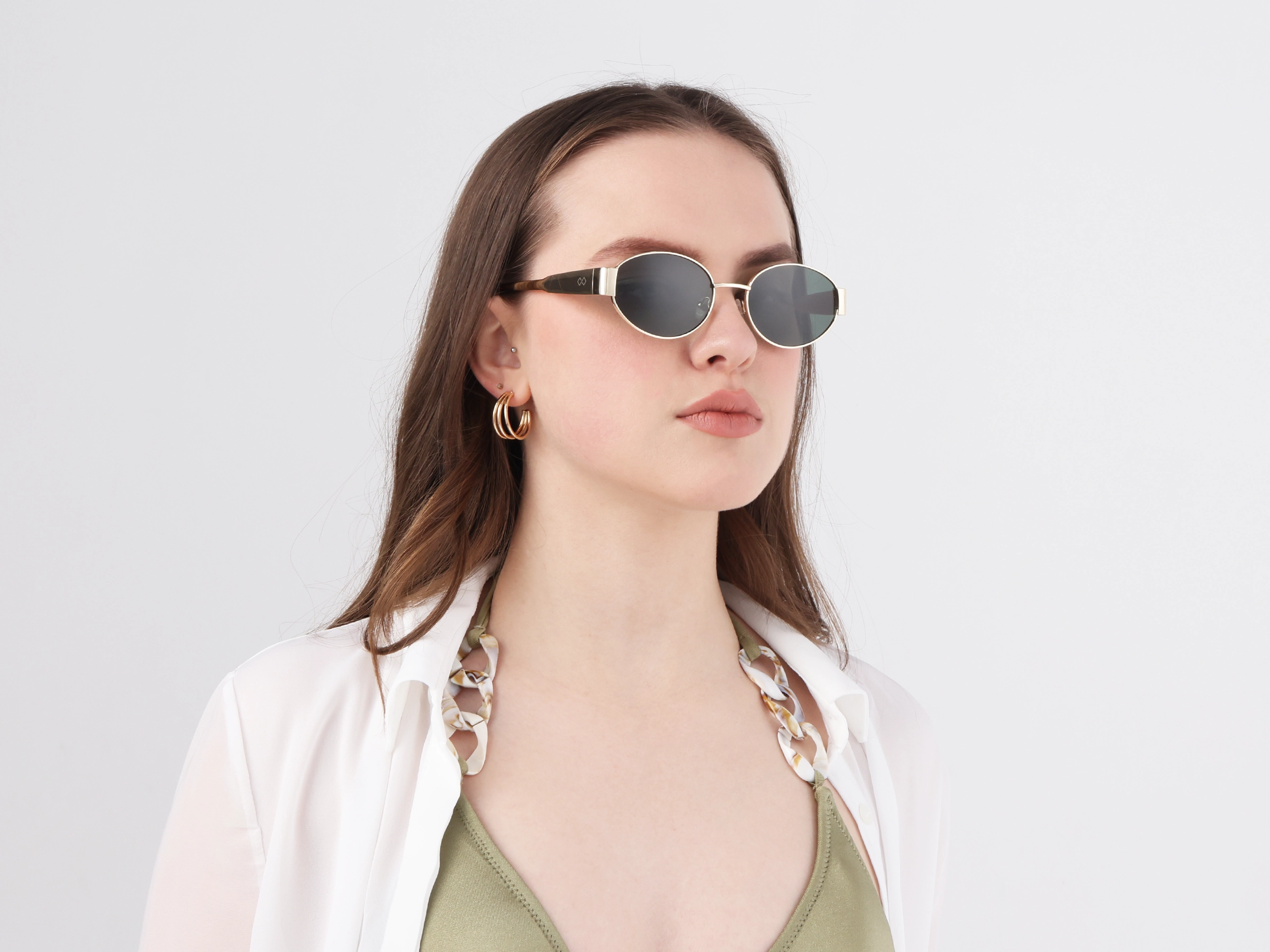 Champagne Gold Metal Oval Full Rim Sunglasses