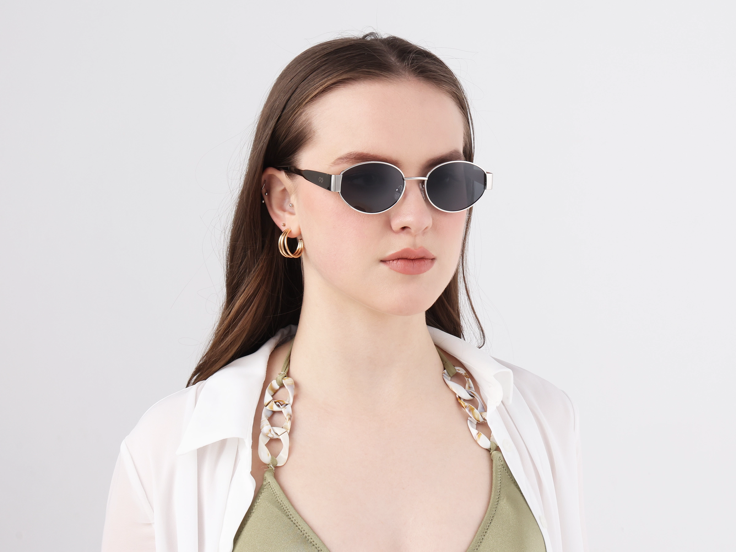 Silver Oval Metal Full Rim Sunglasses