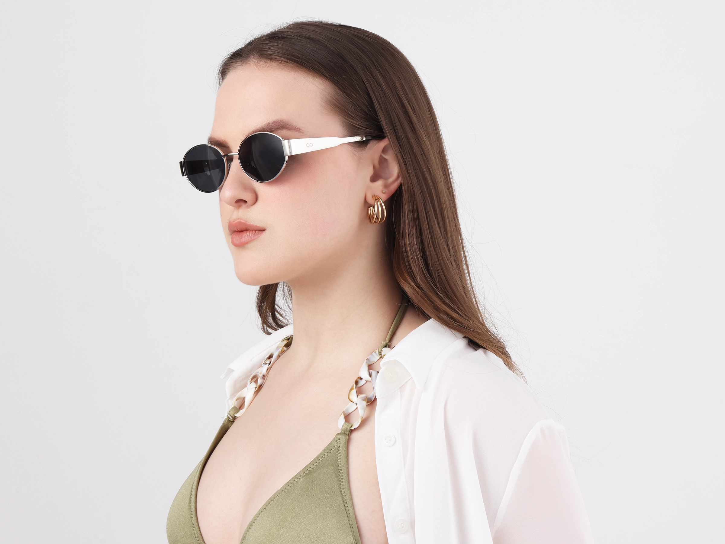 Silver Oval Metal Full Rim Sunglasses