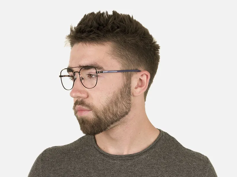 Black Pilot Square Glasses with Navy Blue Temple - 2