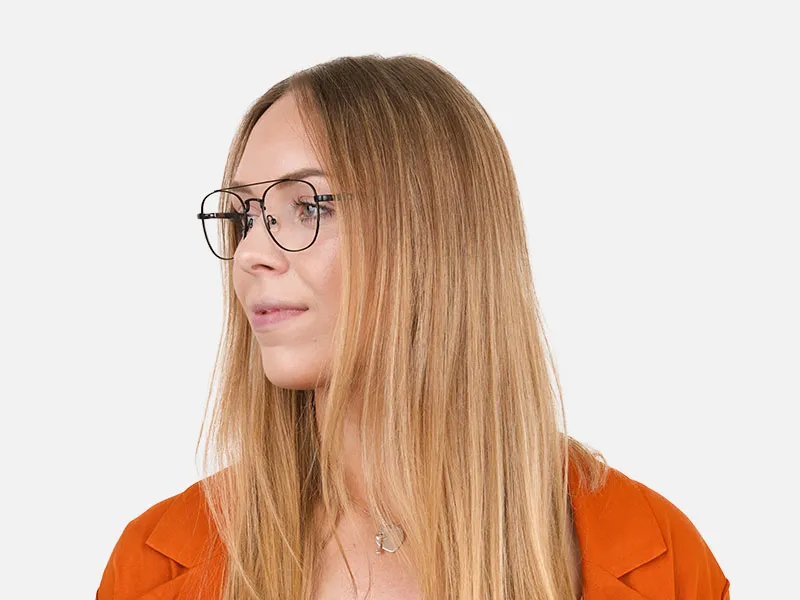 Black Pilot Square Glasses with Navy Blue Temple - 2