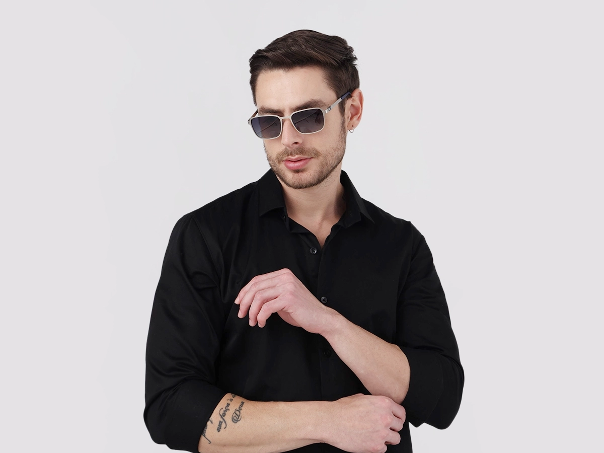Matte Silver Rectangle Metal Full-Rim Sunglasses 42