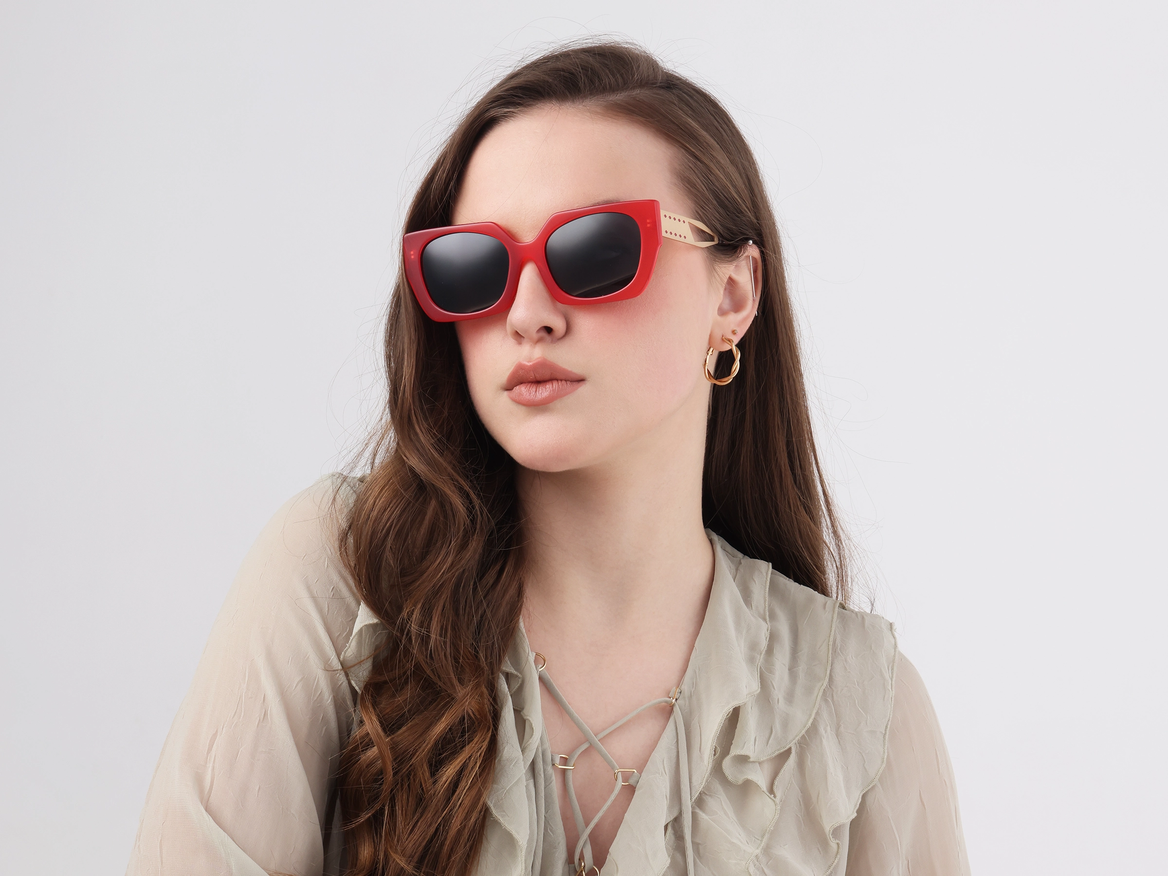 Square Red Frame Dark Grey Solid Tint Sunglasses-51