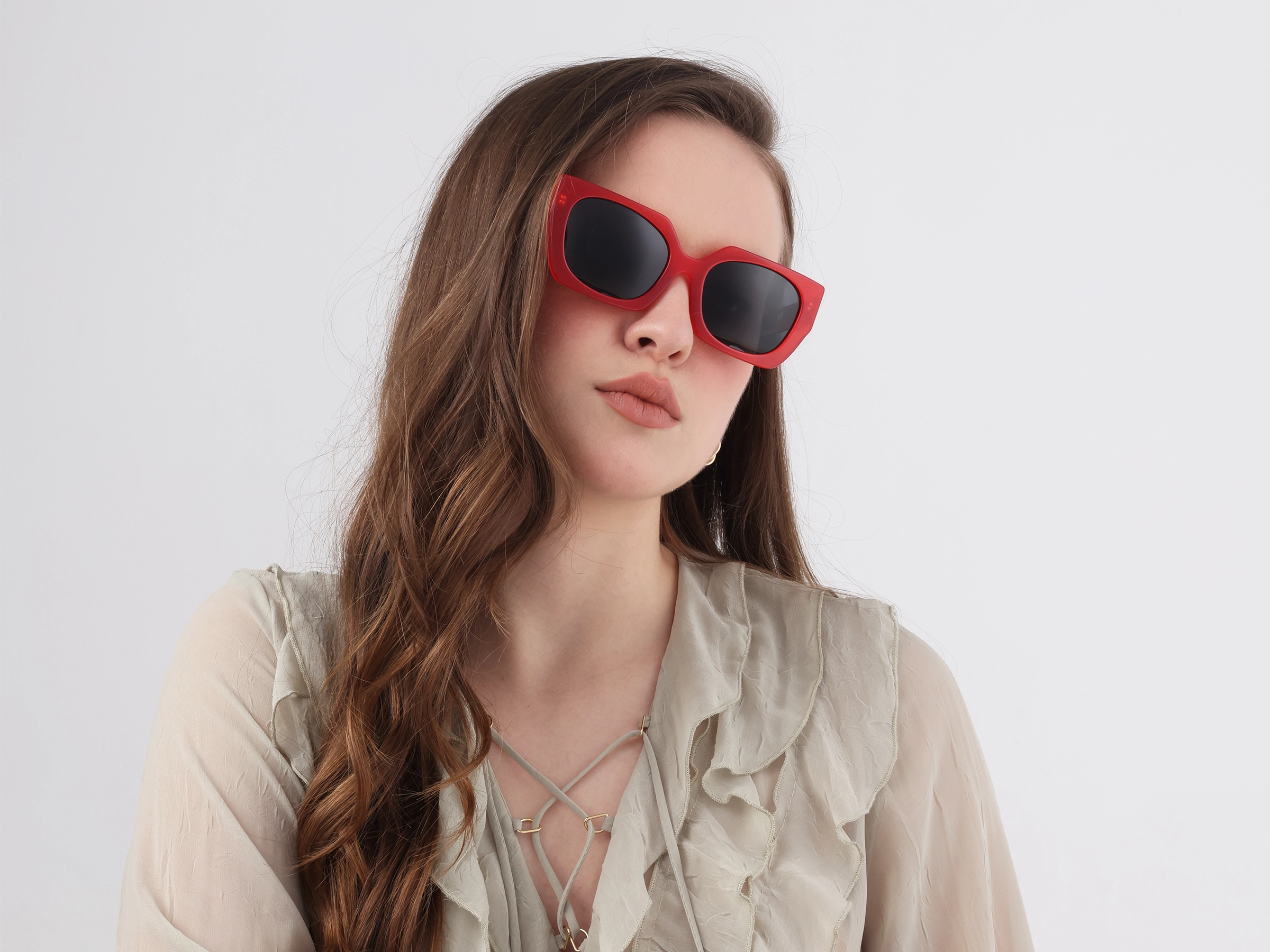 Square Red Frame Dark Grey Solid Tint Sunglasses-52