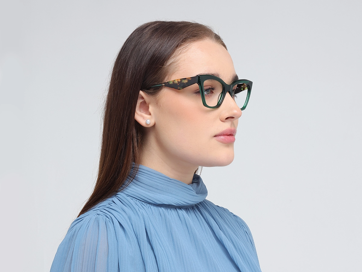 Crystal Emerald Green Square Cateye Glasses-52