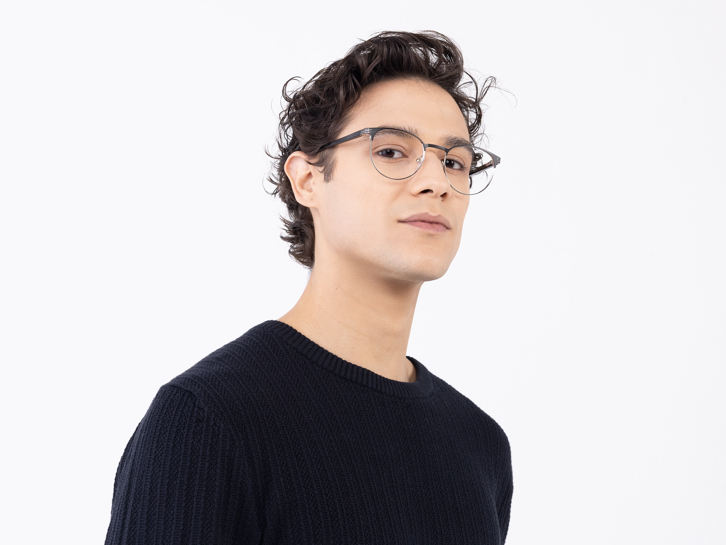 Matte Black & Silver Round Metal Glasses-3