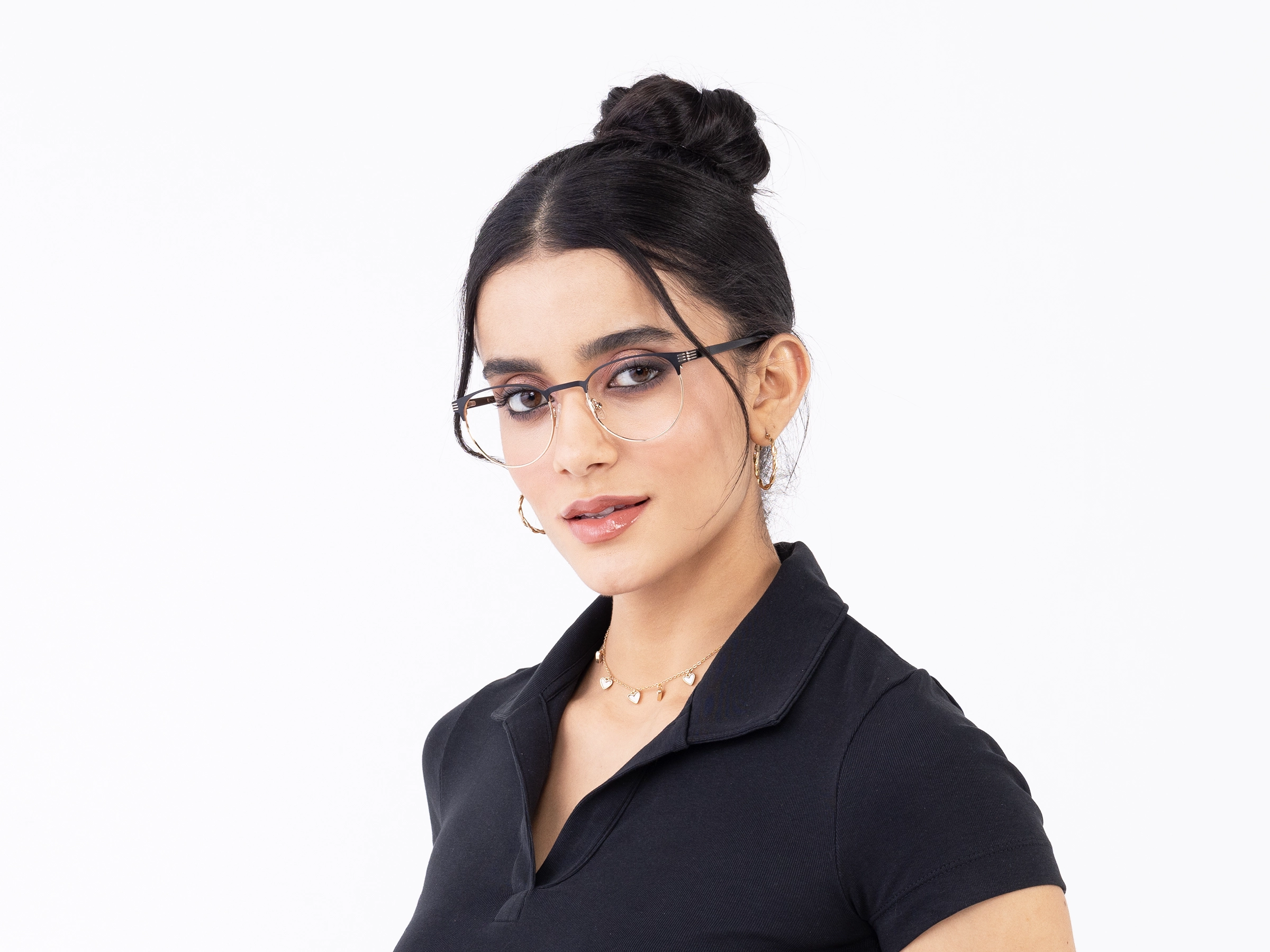 Matte Black & Gold Round Titanium Glasses-12