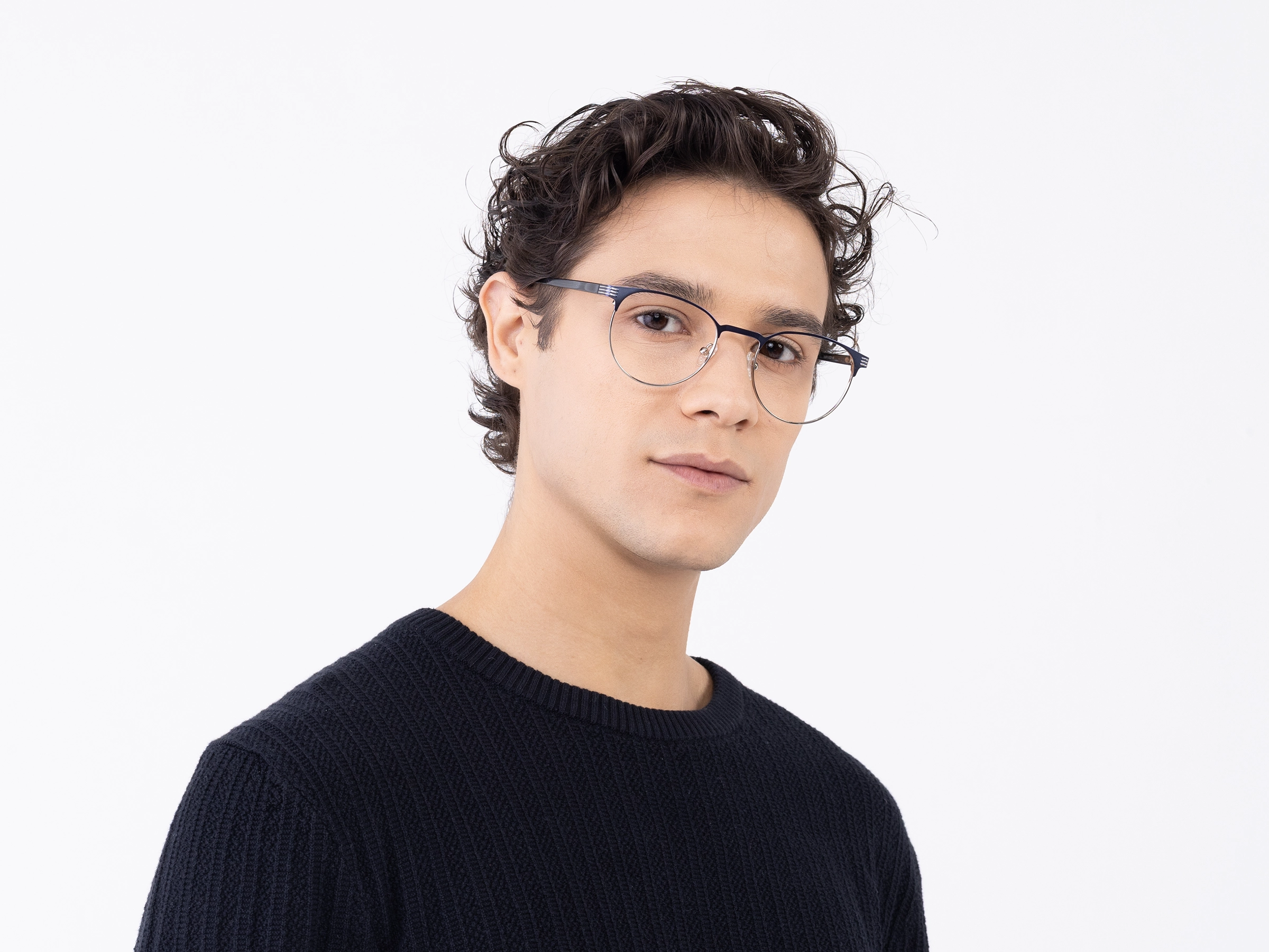 Matte Blue & Silver Round Oval Glasses-3