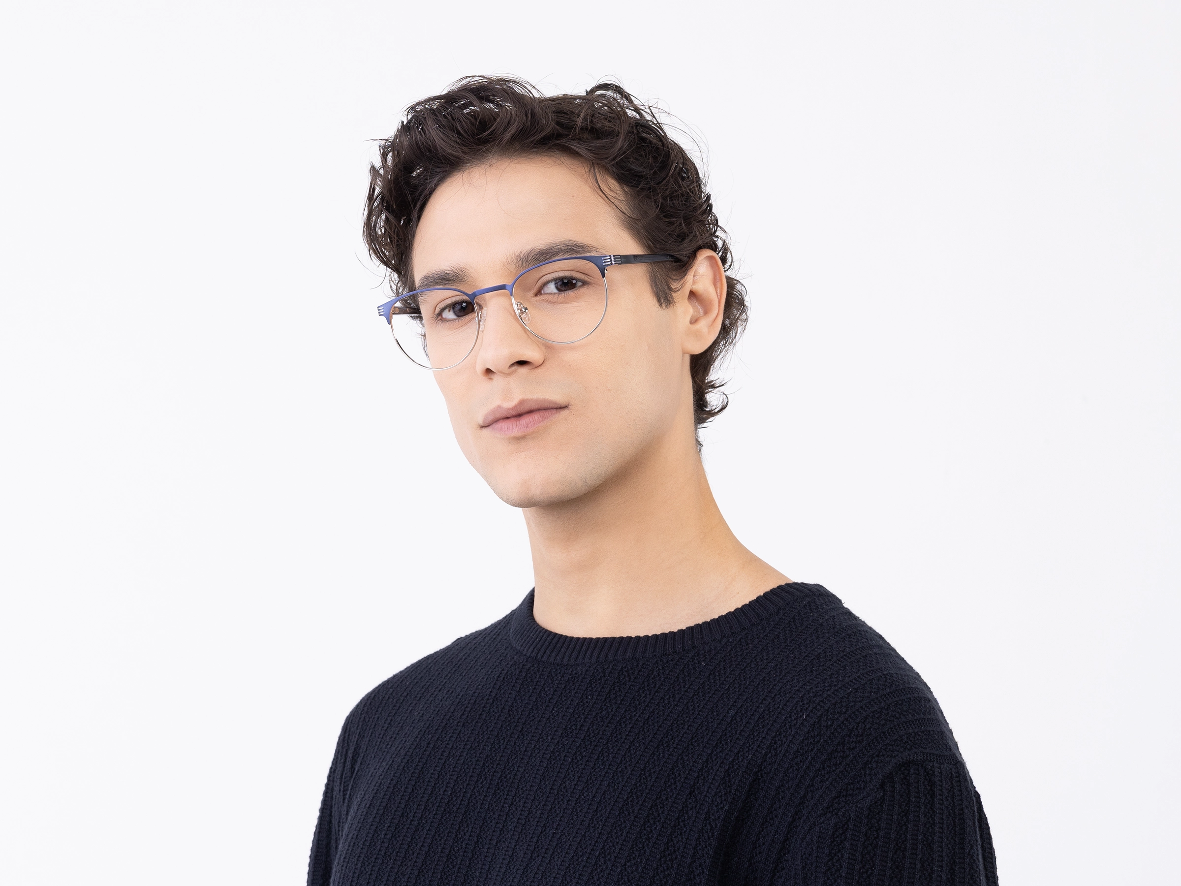 Matte Blue & Silver Round Oval Glasses-2