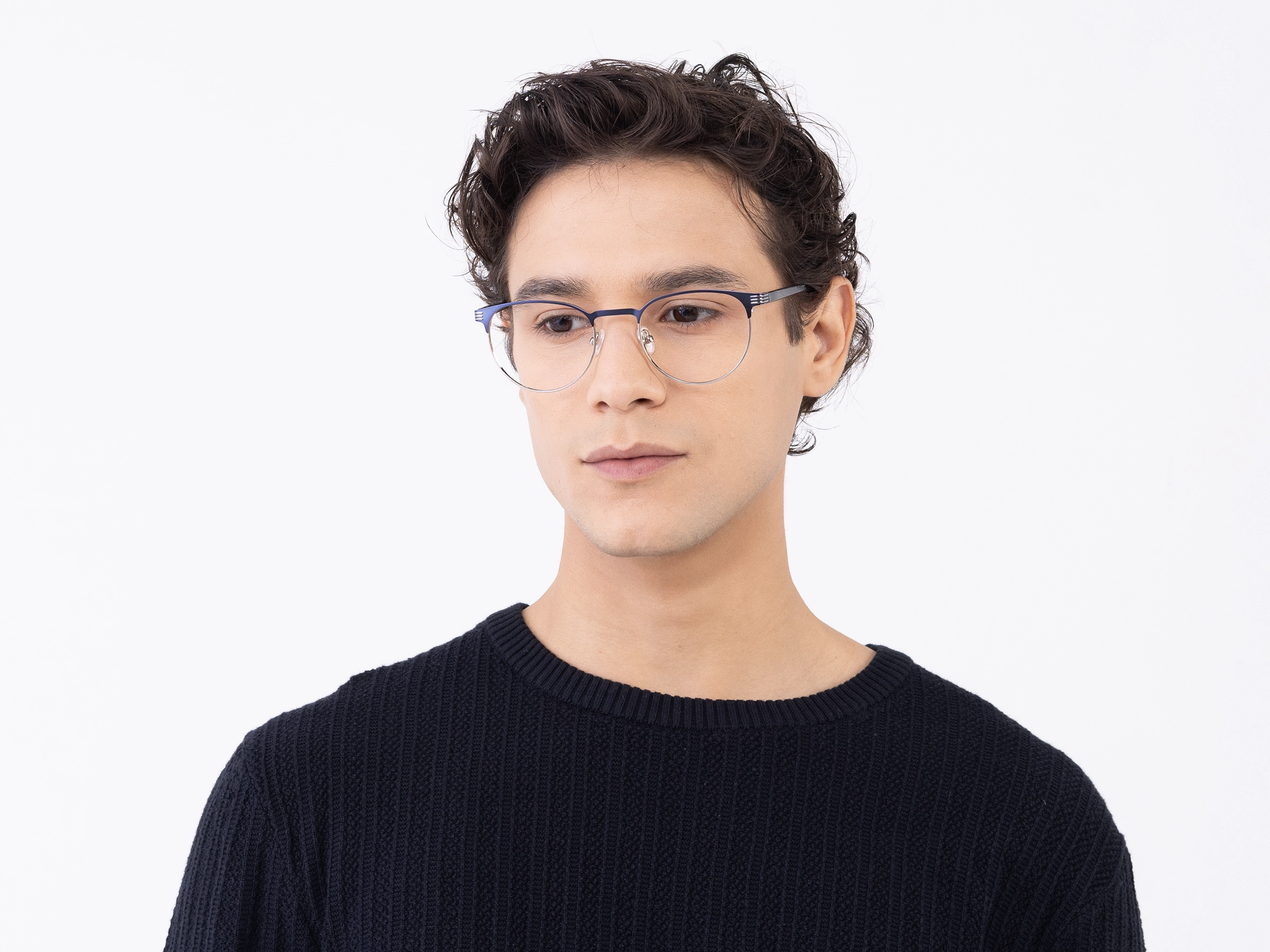 Matte Blue & Silver Round Oval Glasses-1