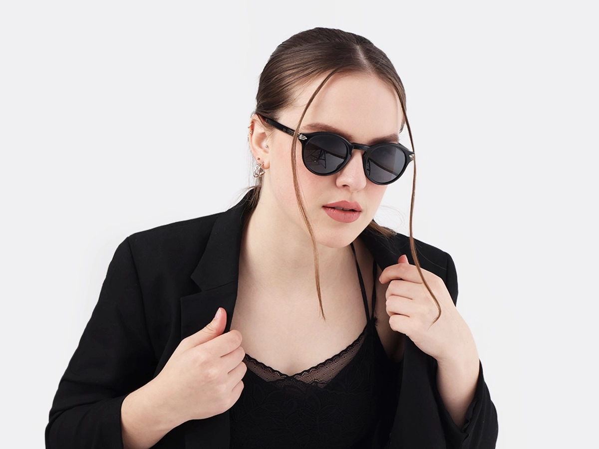 Black Round Acetate Full Rim Sunglasses 53