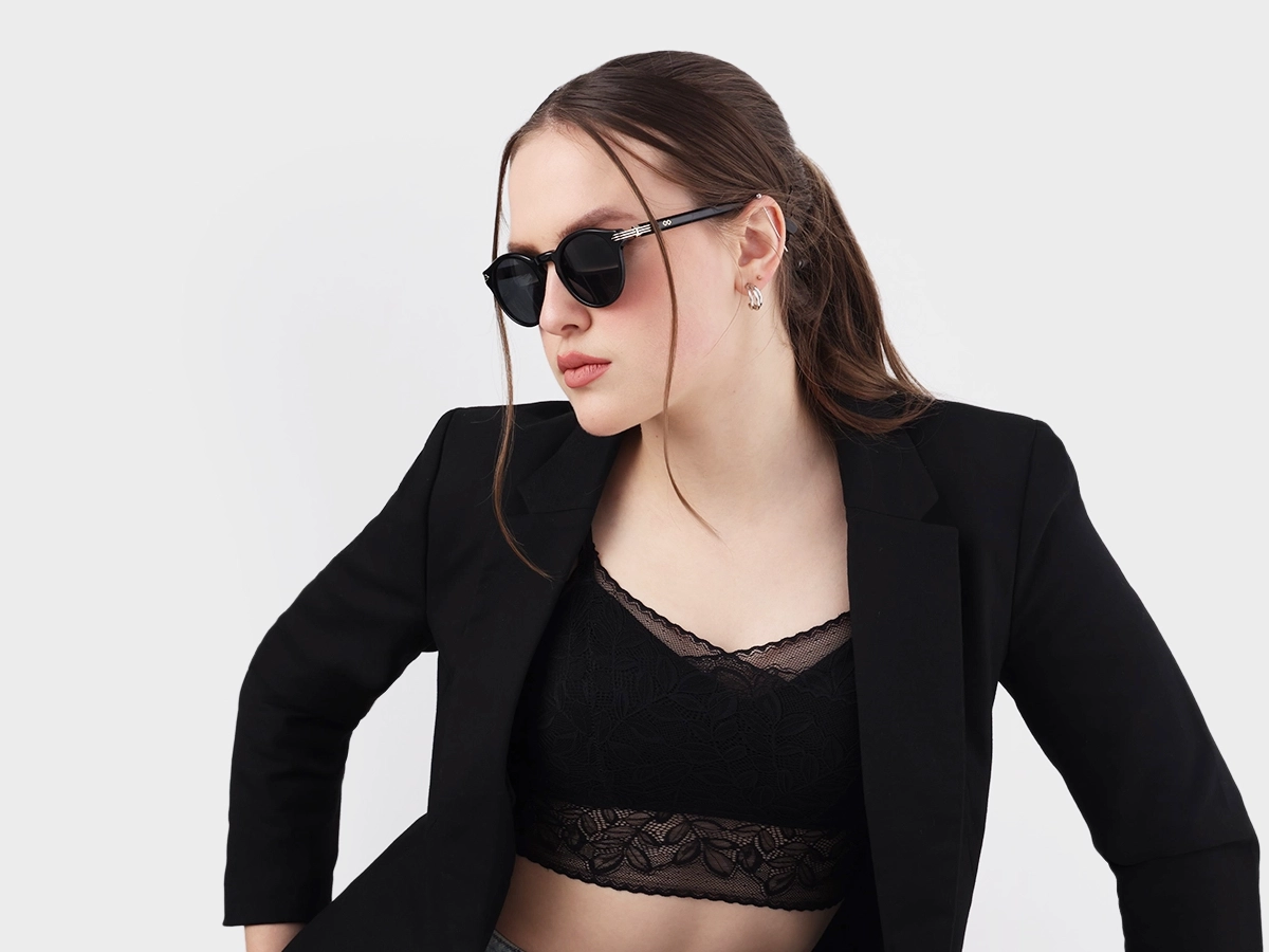 Black Round Acetate Full Rim Sunglasses 52