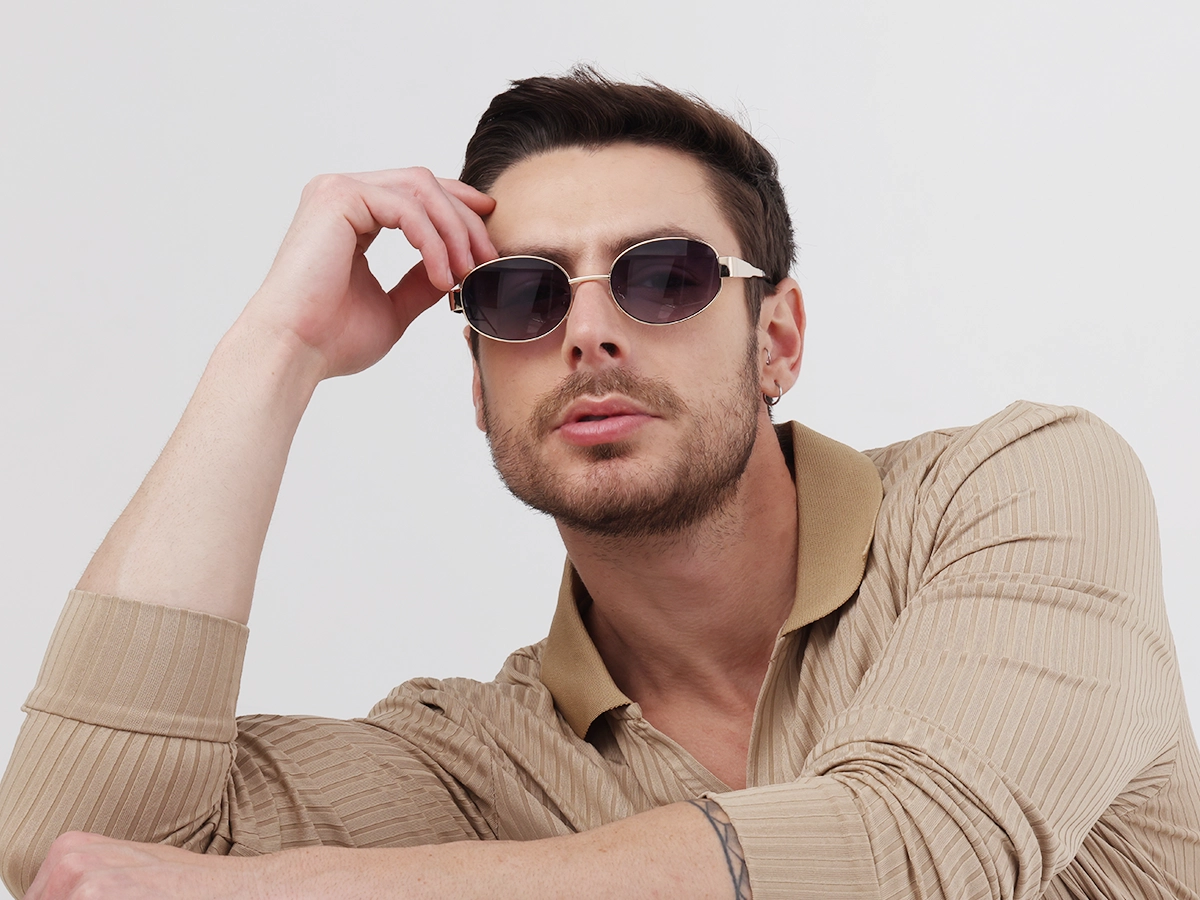 Champagne Gold Oval Metal Full Rim Sunglasses-41
