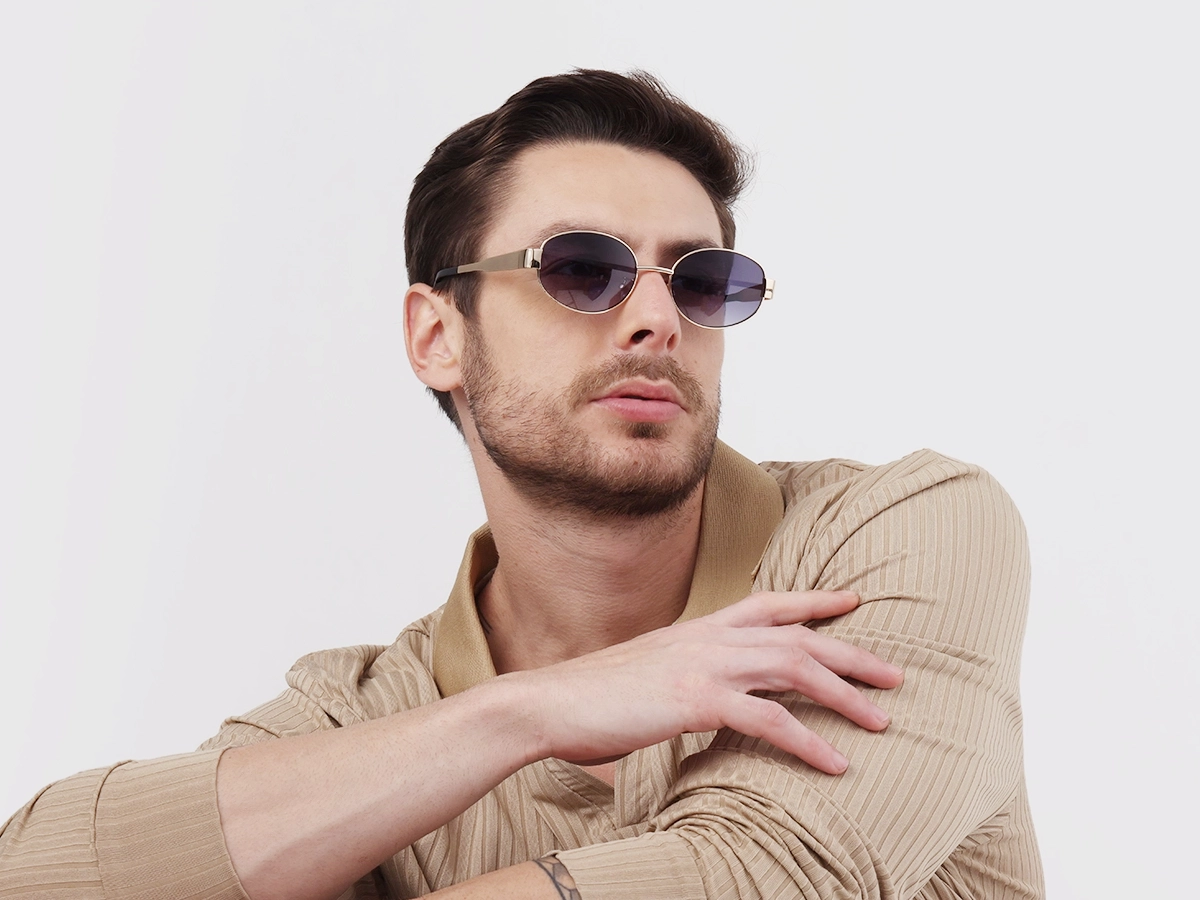 Champagne Gold Oval Metal Full Rim Sunglasses-42
