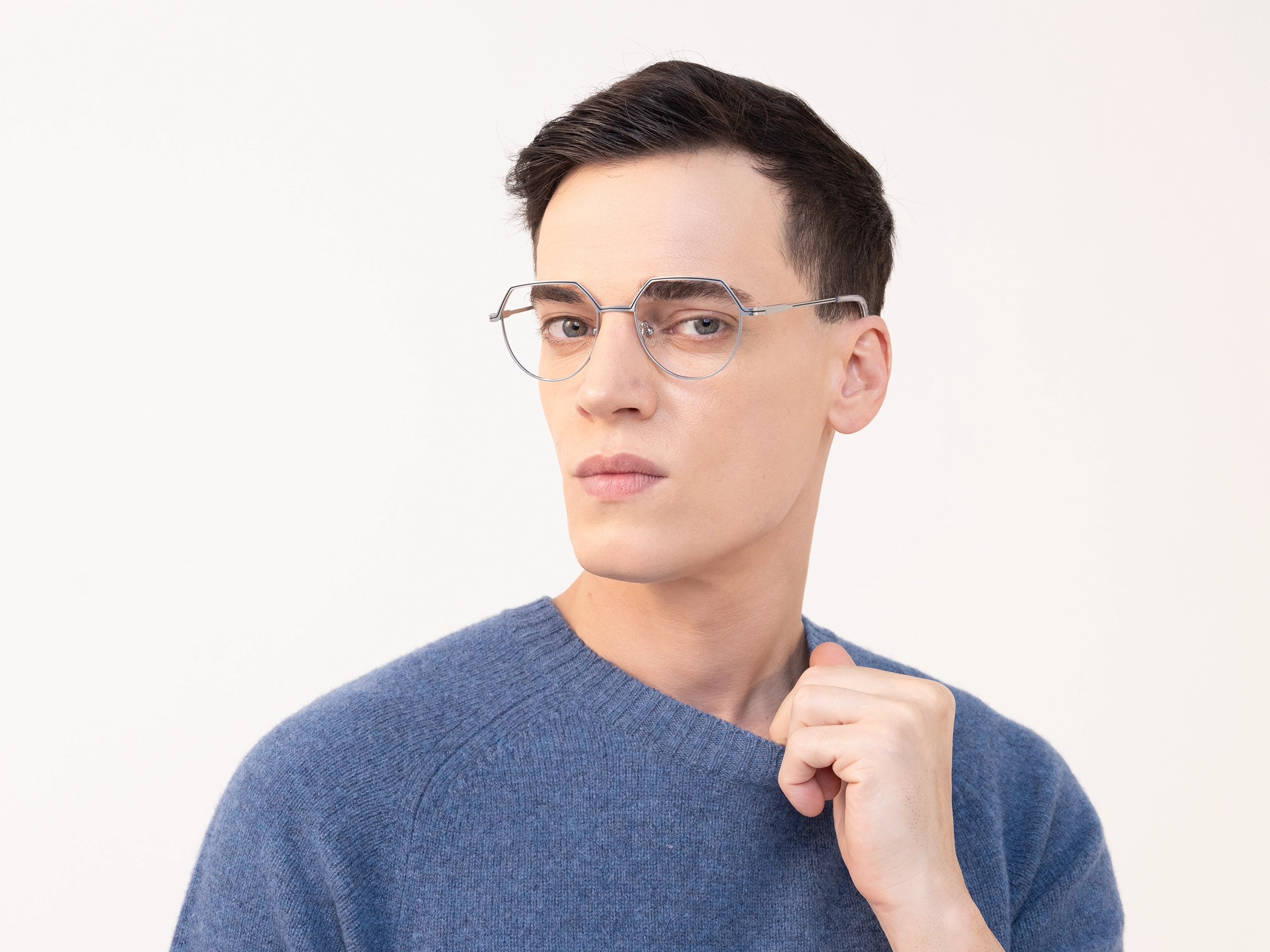Matte Silver Geometric Round Glasses -3