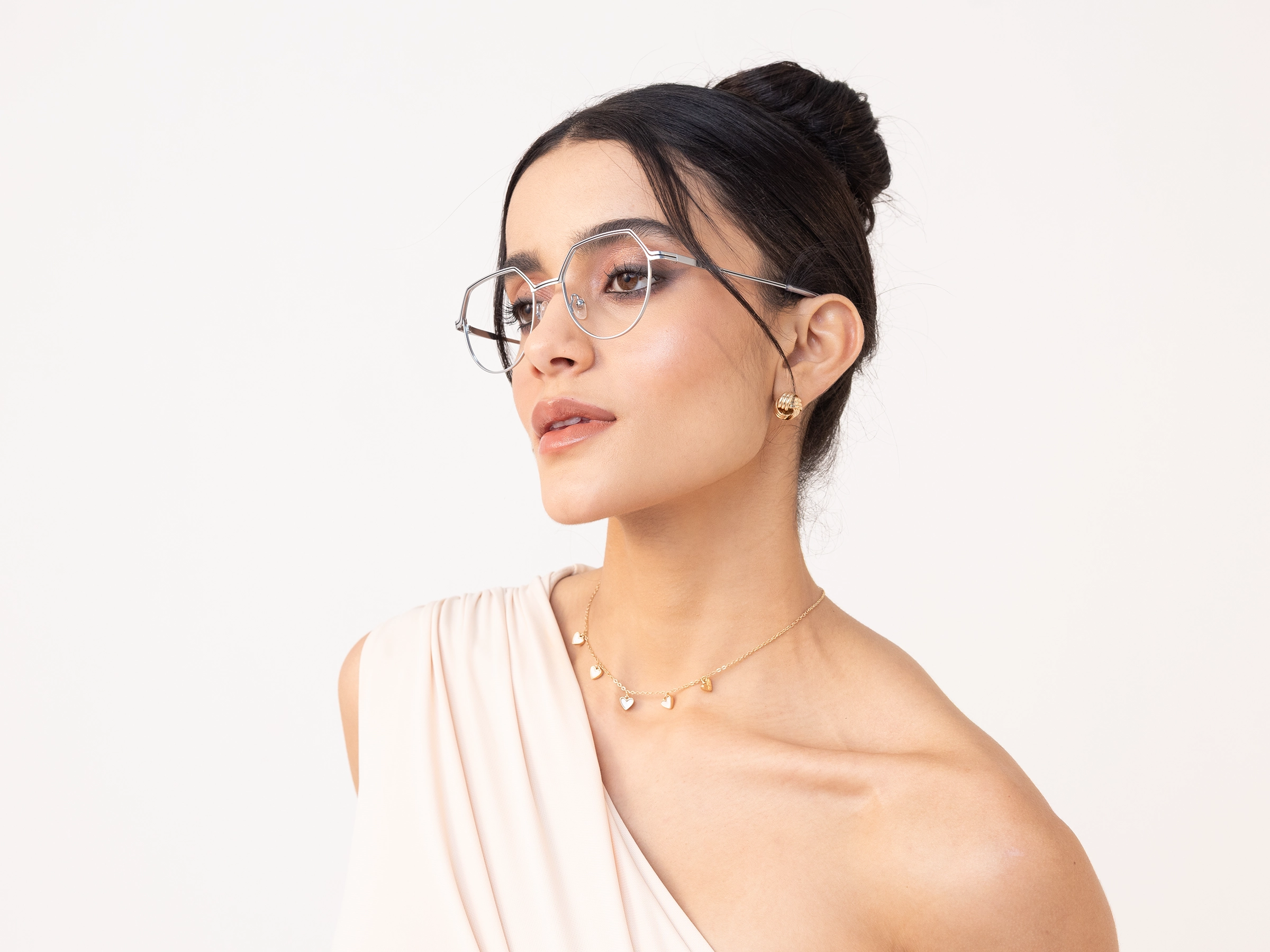 Matte Silver Geometric Round Glasses -12