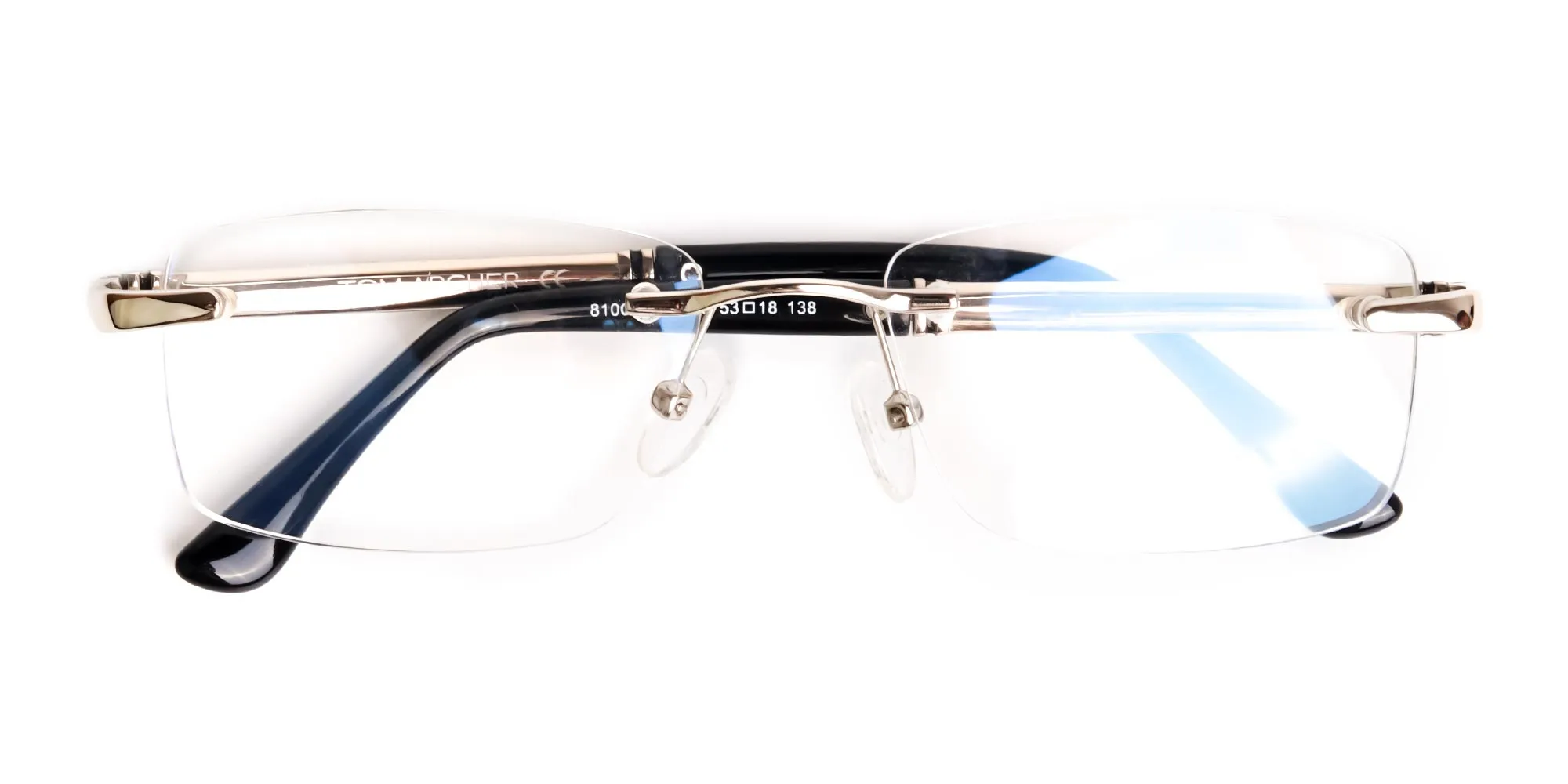 silver and black rectangular rimless glasses frames-2