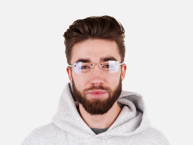 silver and black rectangular rimless glasses frames-2