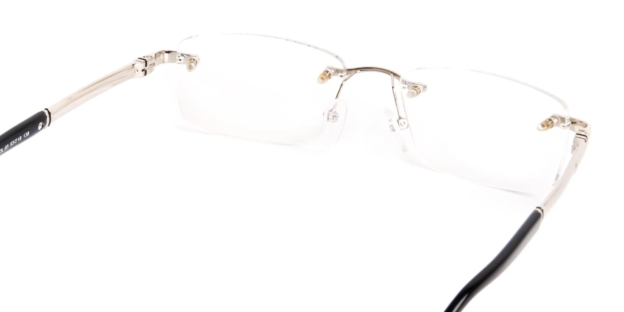 silver and black rectangular rimless glasses frames-2