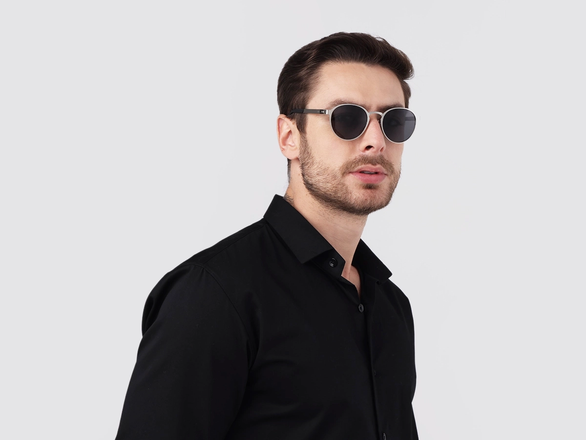 Matte Silver Round Metal Full-Rim Sunglasses 43