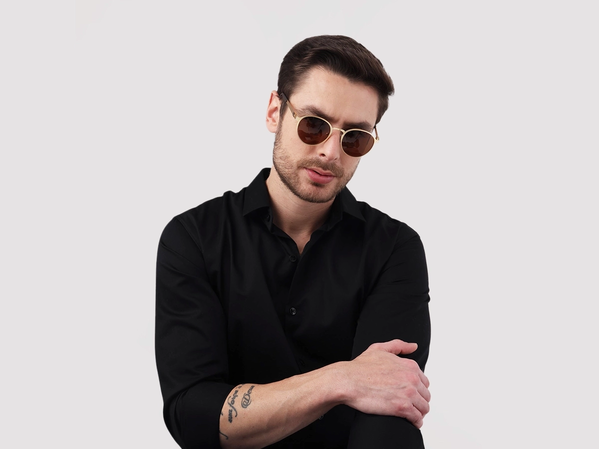 Matte Gold Spring Hinge Round Frame Sunglasses 43