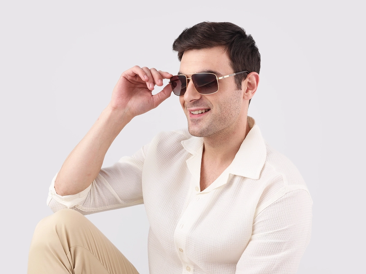 Champagne Gold Square Pilot Double Bridge Sunglasses 42