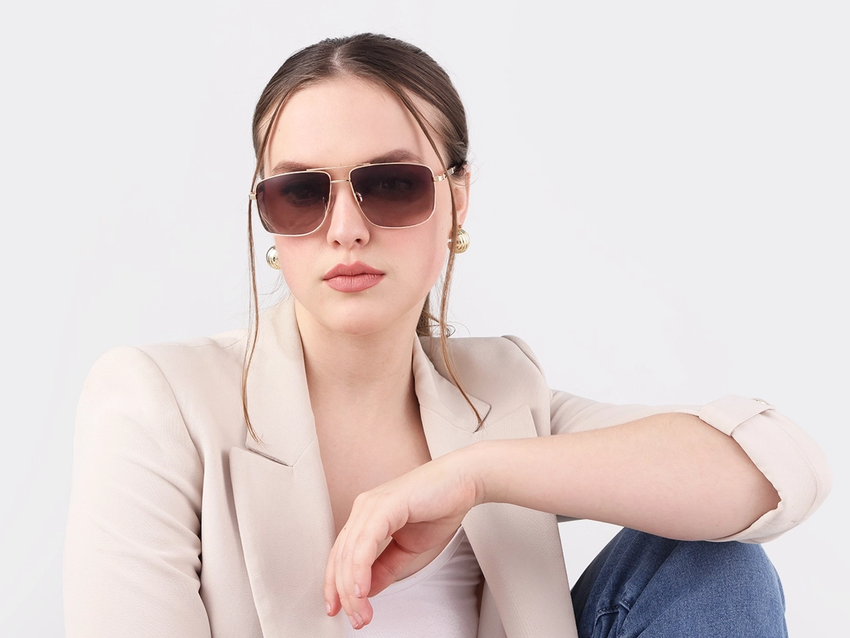 Champagne Gold Square Pilot Double Bridge Sunglasses 51