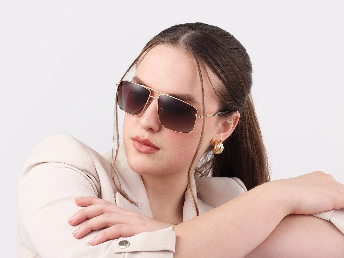 Champagne Gold Square Pilot Double Bridge Sunglasses 53