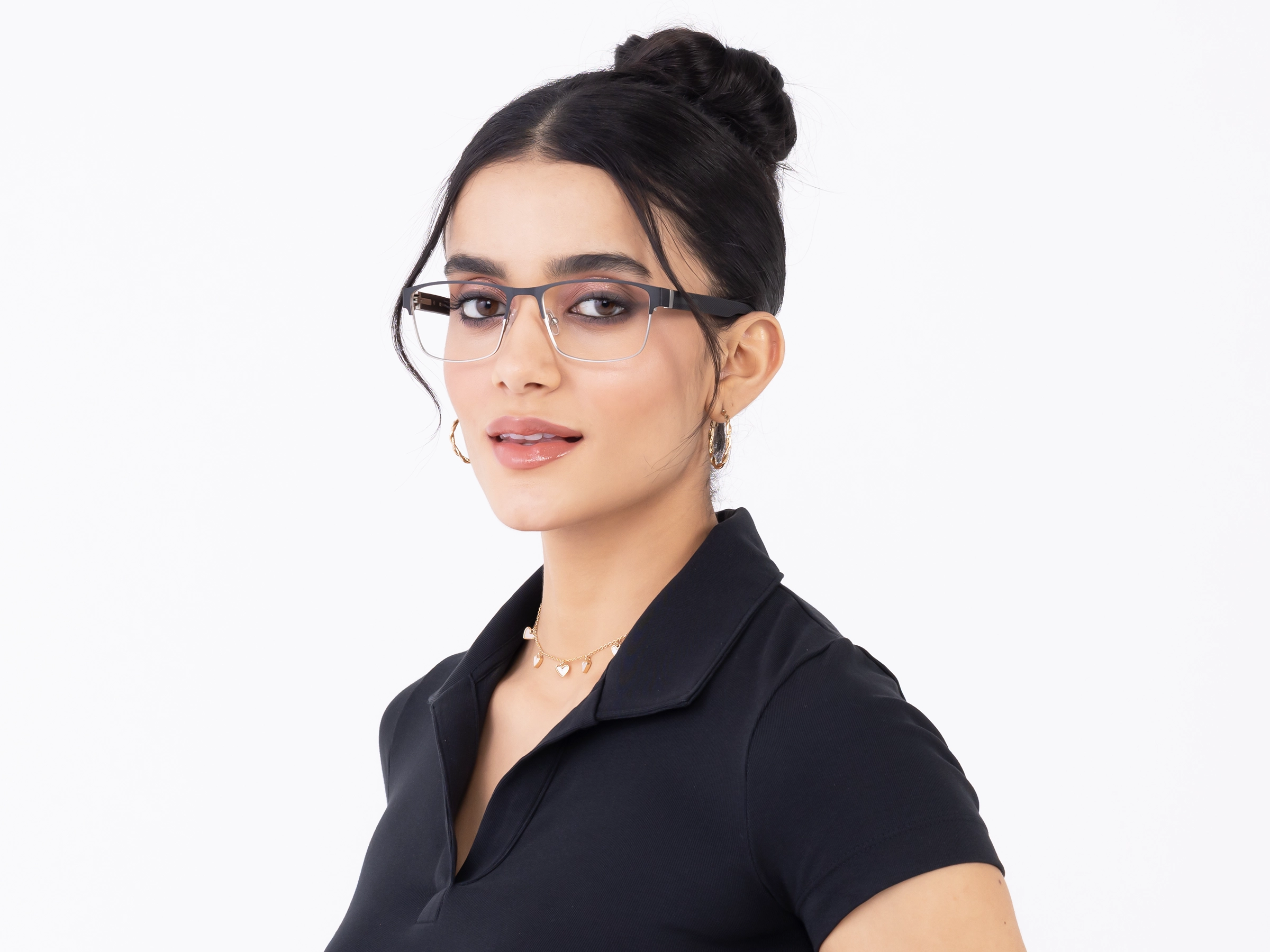 Matte Black & Silver Rectangle Glasses