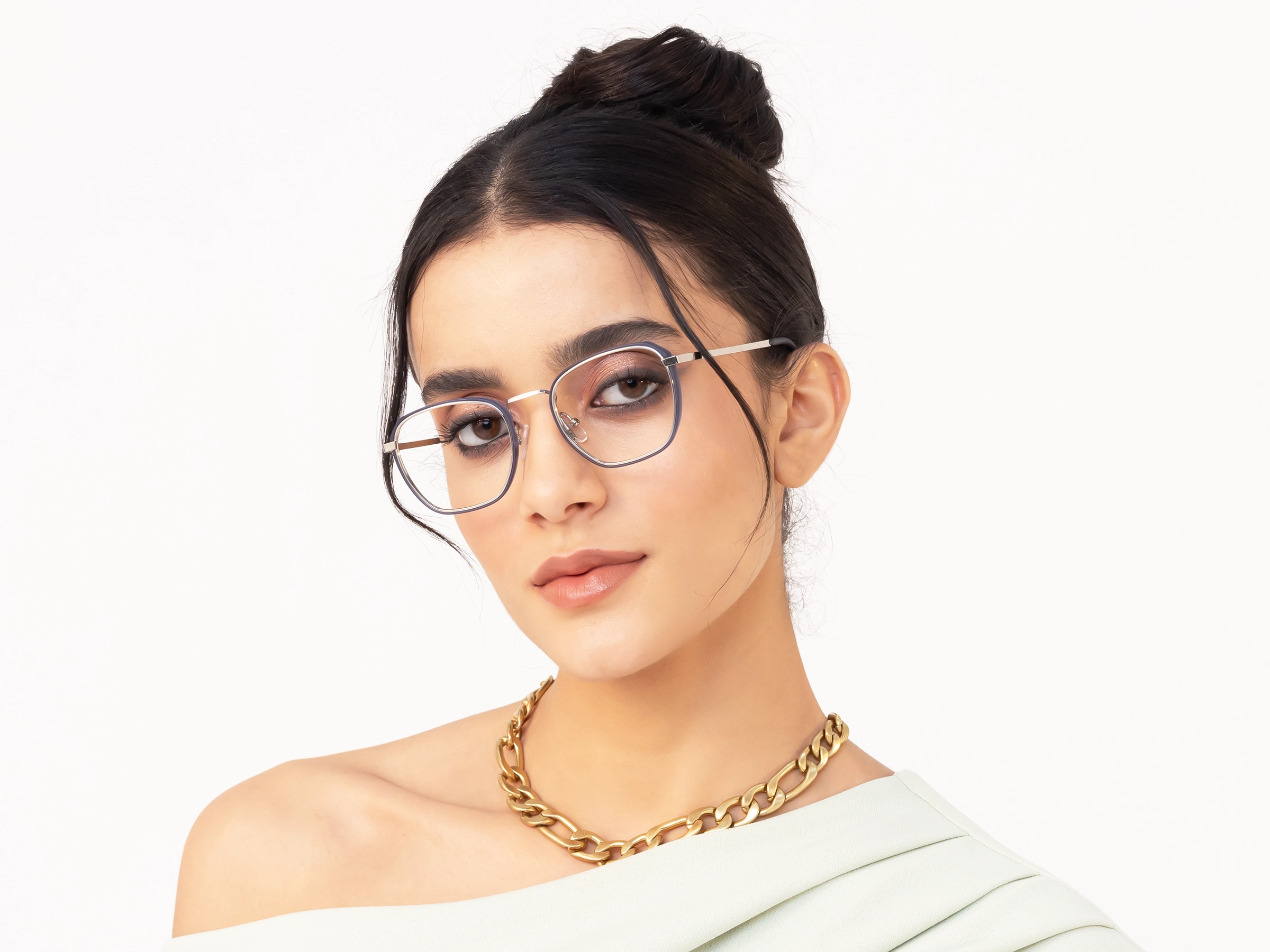 Silver & Matte Blue Geometric Glasses