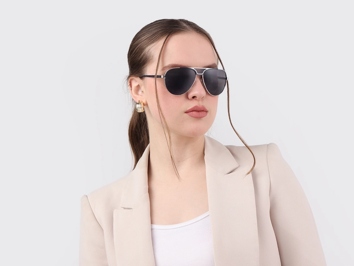 Silver Metal Double Bridge Full Rim Sunglasses 52