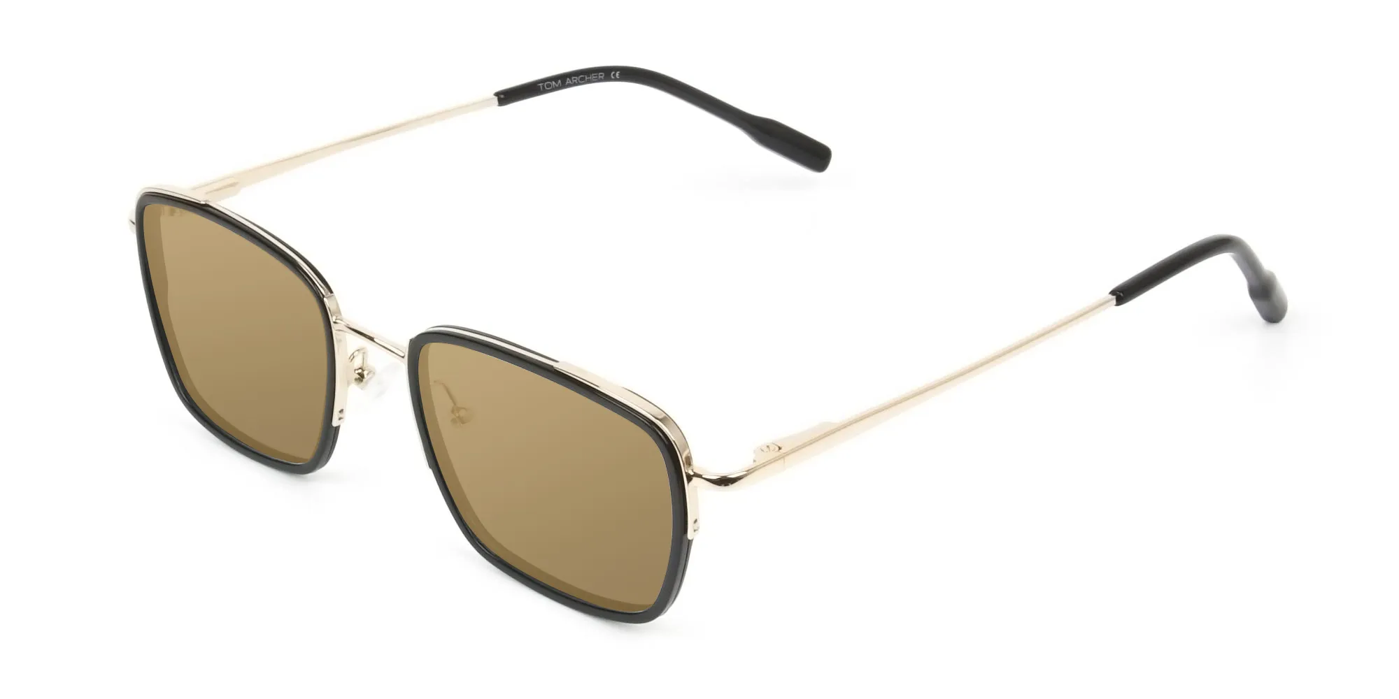 Dark Brown Tinted Black & Gold Square Square Sunglasses - 2