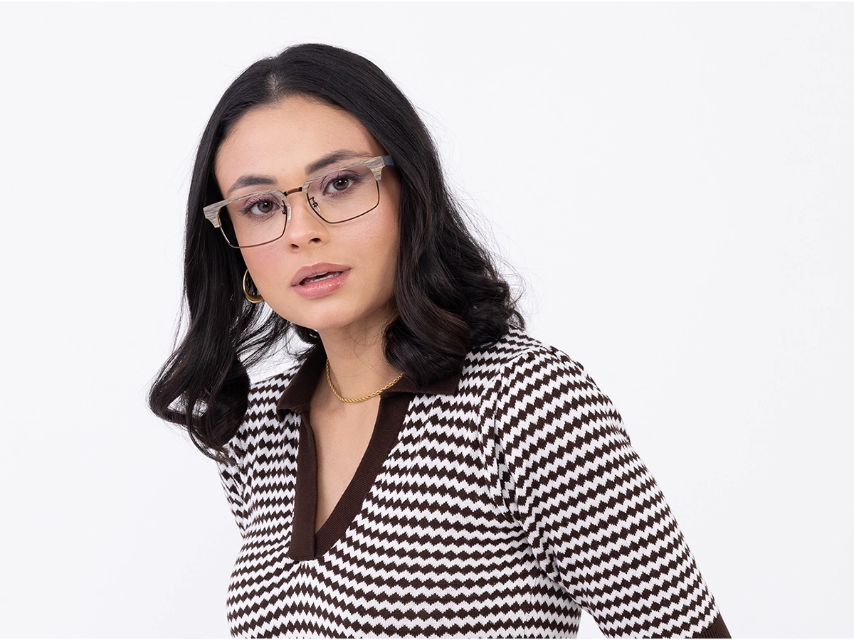 Beige Oak & Bronze Brown Wooden Metal Eyeglasses