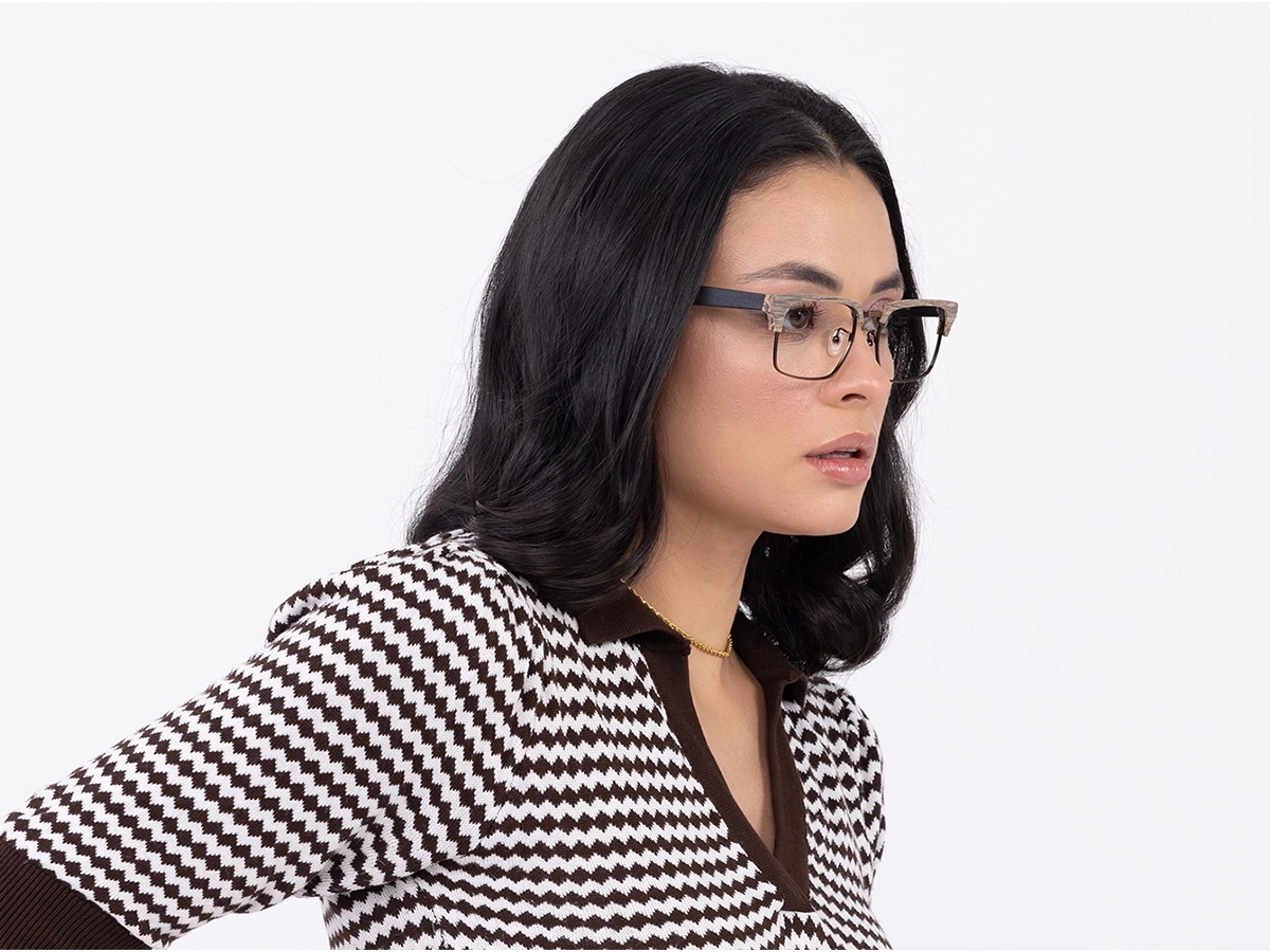 Beige Oak & Bronze Brown Wooden Metal Eyeglasses