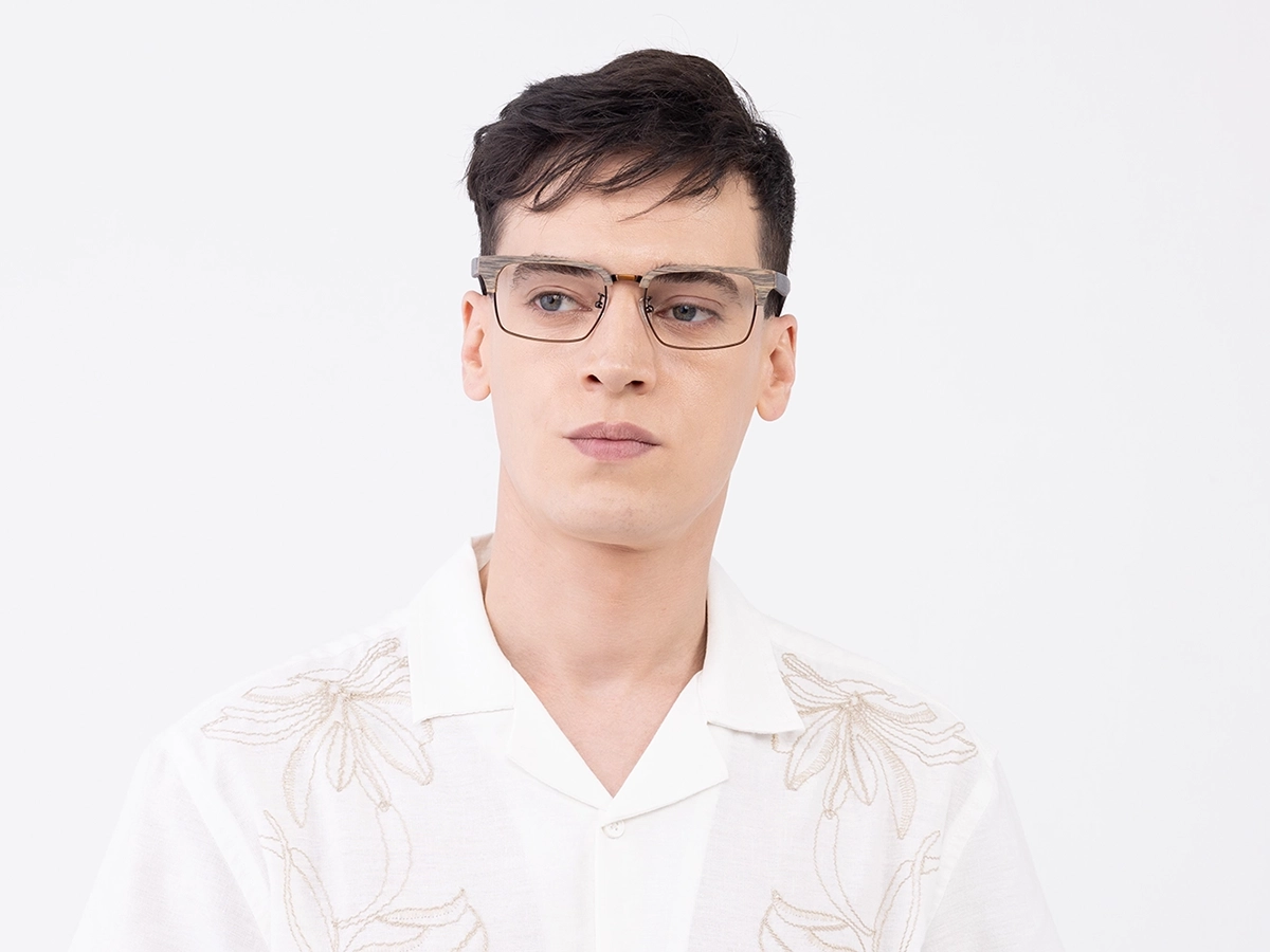 Beige Oak & Bronze Brown Wooden Metal Eyeglasses