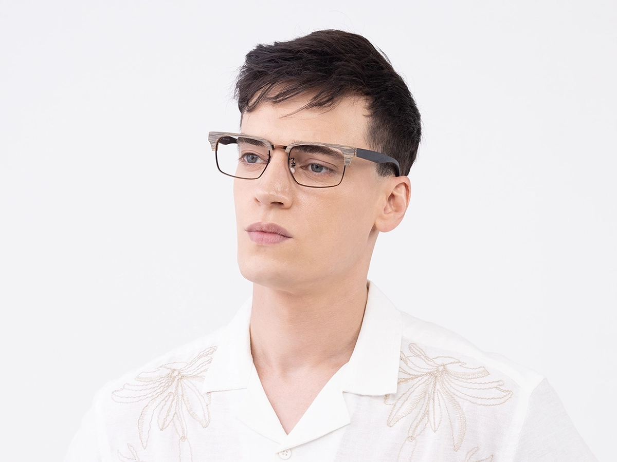 Beige Oak & Bronze Brown Wooden Metal Eyeglasses