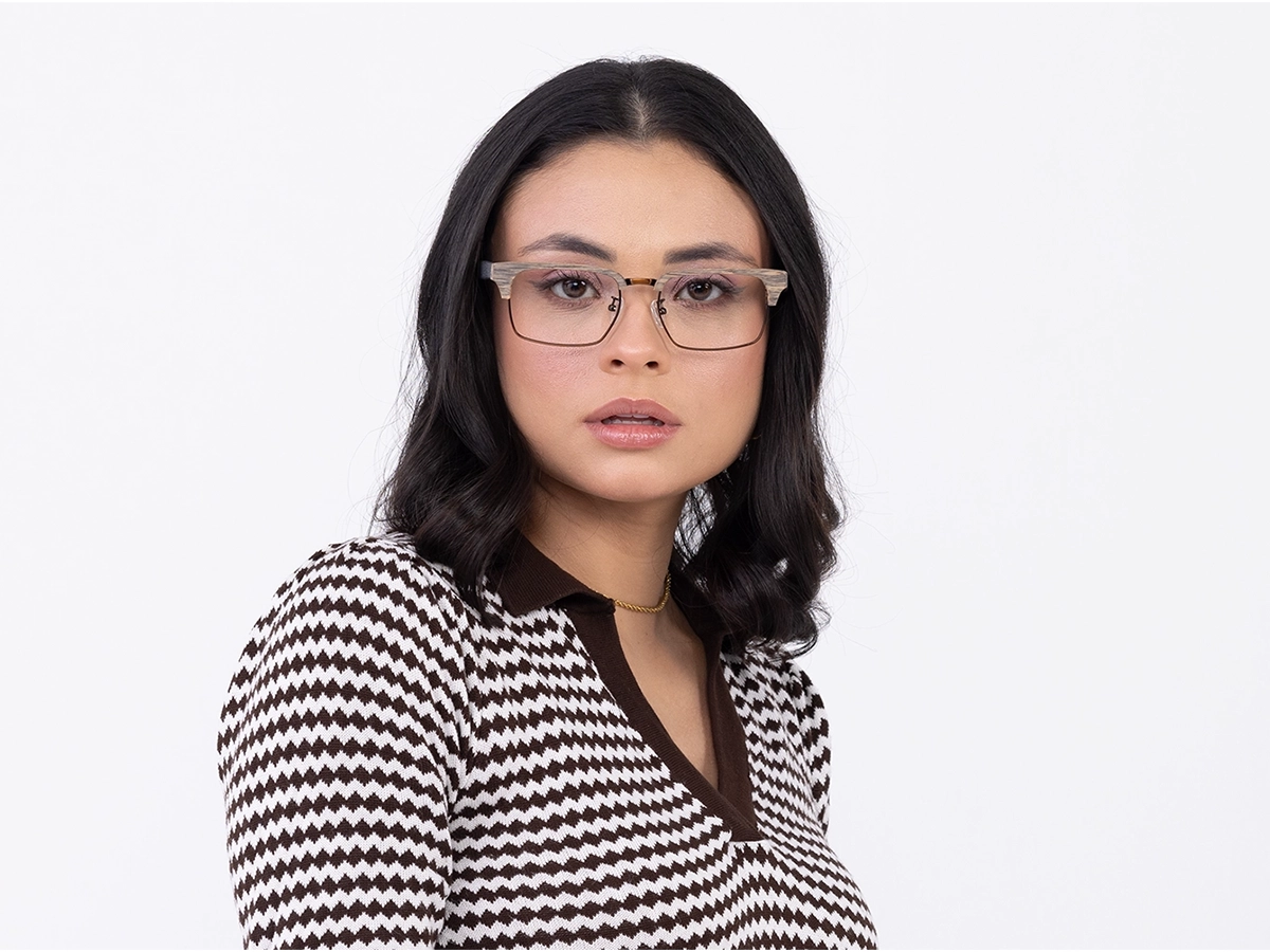 Beige Oak & Bronze Brown Wooden Metal Eyeglasses