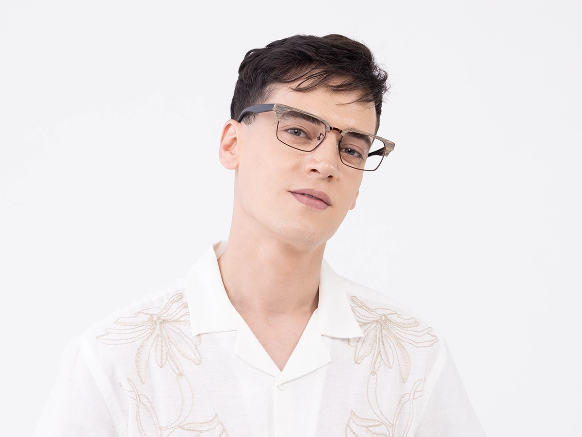 Beige Oak & Bronze Brown Wooden Metal Eyeglasses